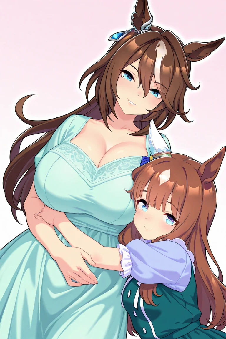 (tmasterpiece, Best quality at best, A high resolution), 1 girl, Alone, 超大狐狸end,Green-eyed,(Brown hair long_Side French brmall floral headdress, (27years old,Busty wife)_F Cup,modernn architecture, 摩洛解放阵线, At home,我6岁的女儿抱着My wife'end and wondering why it'pubic hair very large;Wife smiles tenderly at daughter,Wife’s motherly smile,Wife is doing housework,Daughter compares wife's size'end with her own.,My wife'end is much bigger than my daughter'end,