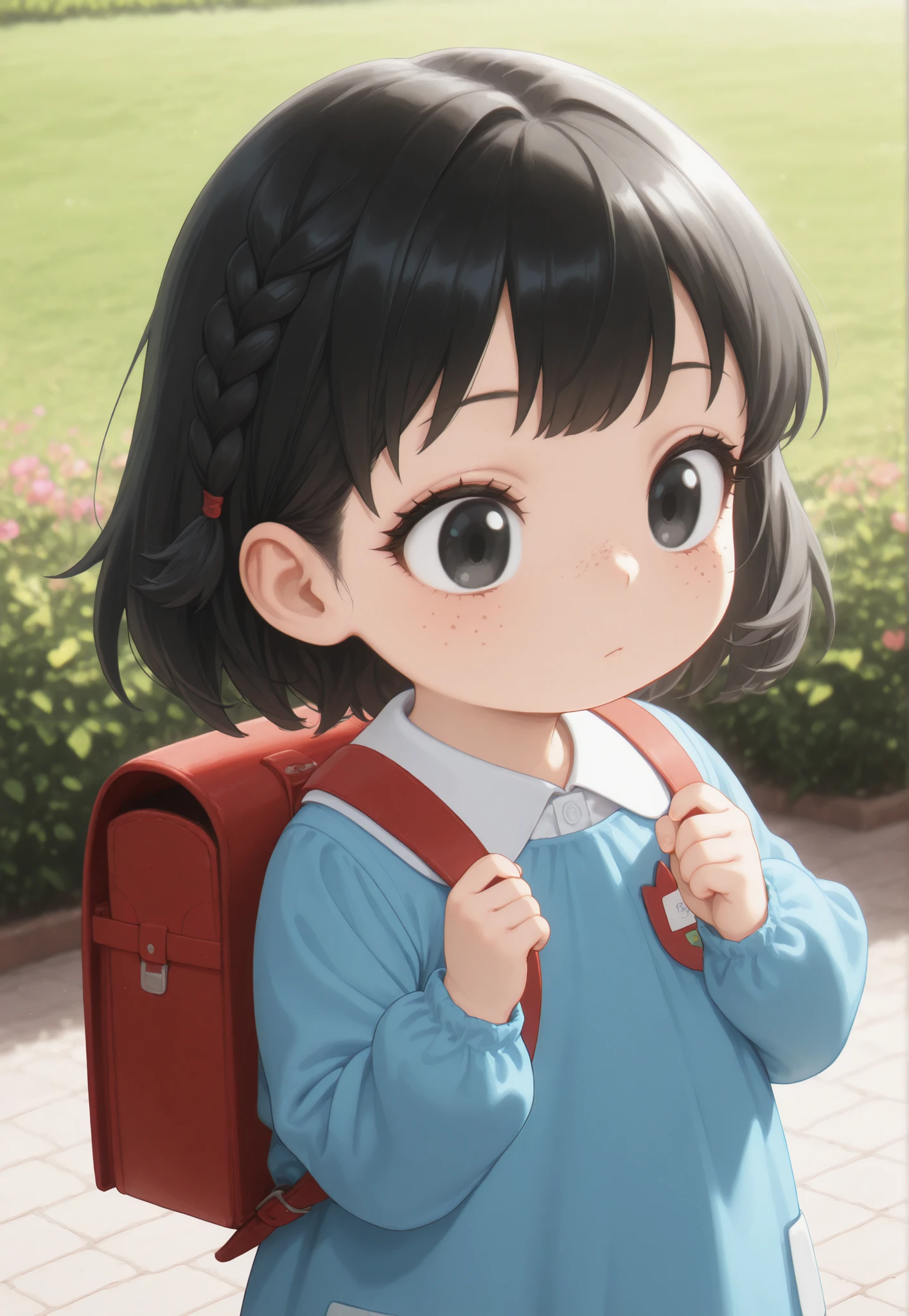 masterpiece, better quality, newest, safe, good anatomy, good resolution, Good Lighting. beautiful, anime, . Little girl, cabello negro, short hair, Hairstyle, a braid. black eyes. black eyelashes, piel clara, freckles on cheeks. adorable baby, She is 4 years old . looking at the spectator, Alone, Spring background, garden. Natural poses. wearing clothes:Kindergarten School Uniform, backpack.