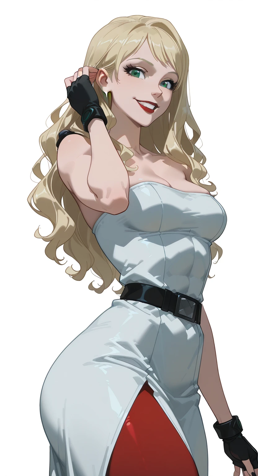 beautyful mature woman, blonde wavy hair, encorped body, red glasses, red lipstick, red  dress, golden corset, whole body roses tattoos, , red eyes,, sensual, angry