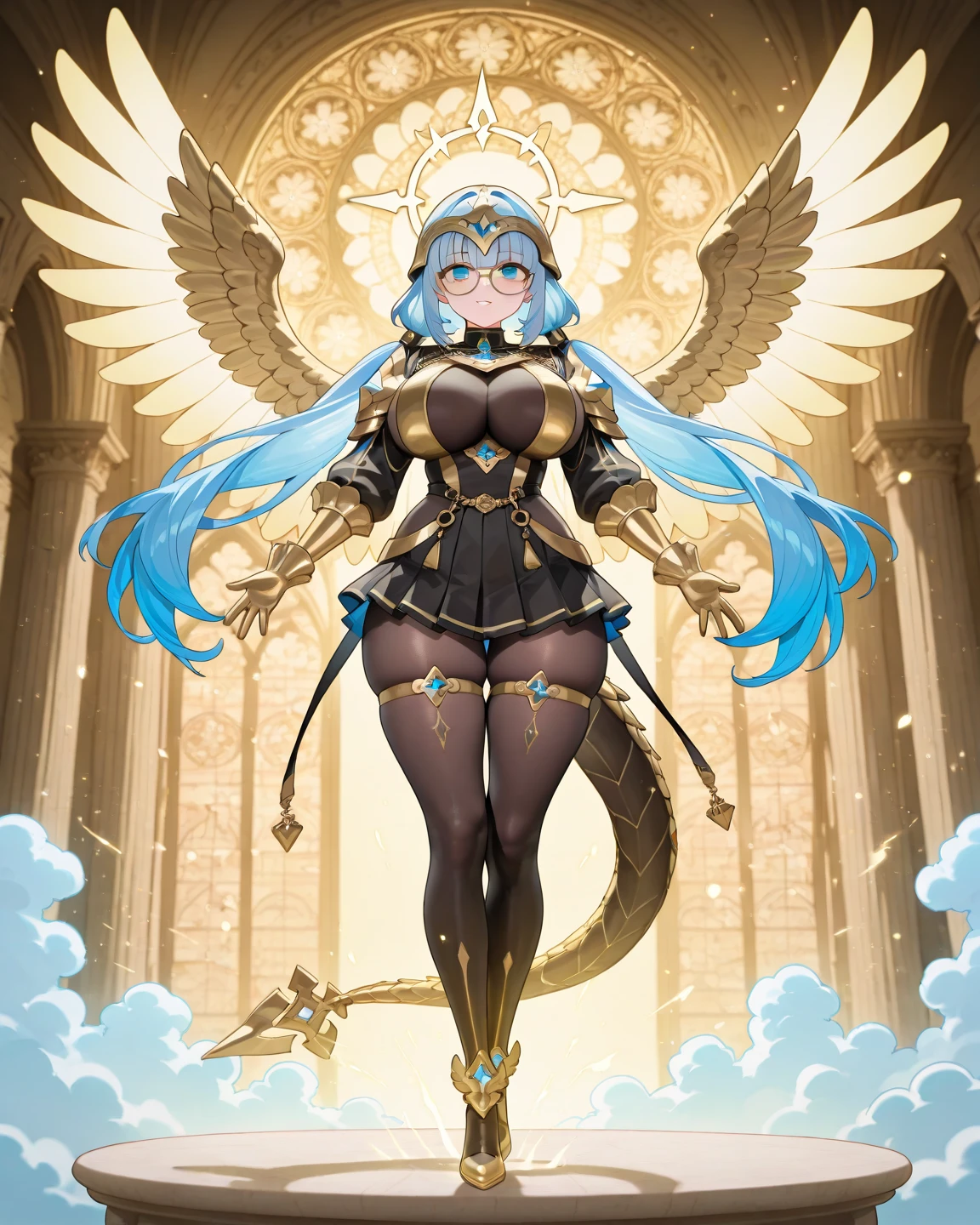 A tall goddess woman beautiful sexy sensual beautiful beautiful tenderness affectionate pretty smiles kindly long yellow hair wavy to the side one Mencho short yellow braid her light blue eye another orange eye she dresses bright gold metal brassiere shows navel and shorts gold armor shows leg socks black net and has angel wings on his back
