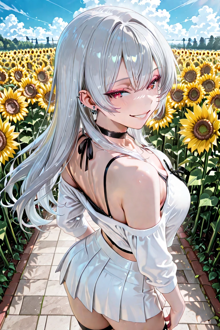 (art by yaguru magiku, (001glitch-core, dreamcore), 8sconception, alberto-mielgo, anime-background-style-v2, Super Quality, Vaporwave,Synth Wave,weirdcore, dreamy, full body
(1girl, bangs, bare_shoulders, blue_eyes, blush, bow, breasts, covered_navel, floating_hair, flower, ginkgo_leaf, hair_flower, hair_ornament, holding_flower, long_hair, looking_at_viewer, orange_flower, outdoors, petals, shirt, silver_hair, skirt, small_breasts, solo, standing, sunflower, sunflower_hair_ornament, thighhighs, white_legwear, white_shirt, yellow_flower, yellow_rose)
Visual effects:movie lights, [[red, blue, green, yellow, black, white, pink, purple, cowboy shot, ((colorful)), ink and wash painting, delicate and beautiful girl, ((illustration)), ((floating hair)), ((chromatic aberration))]]