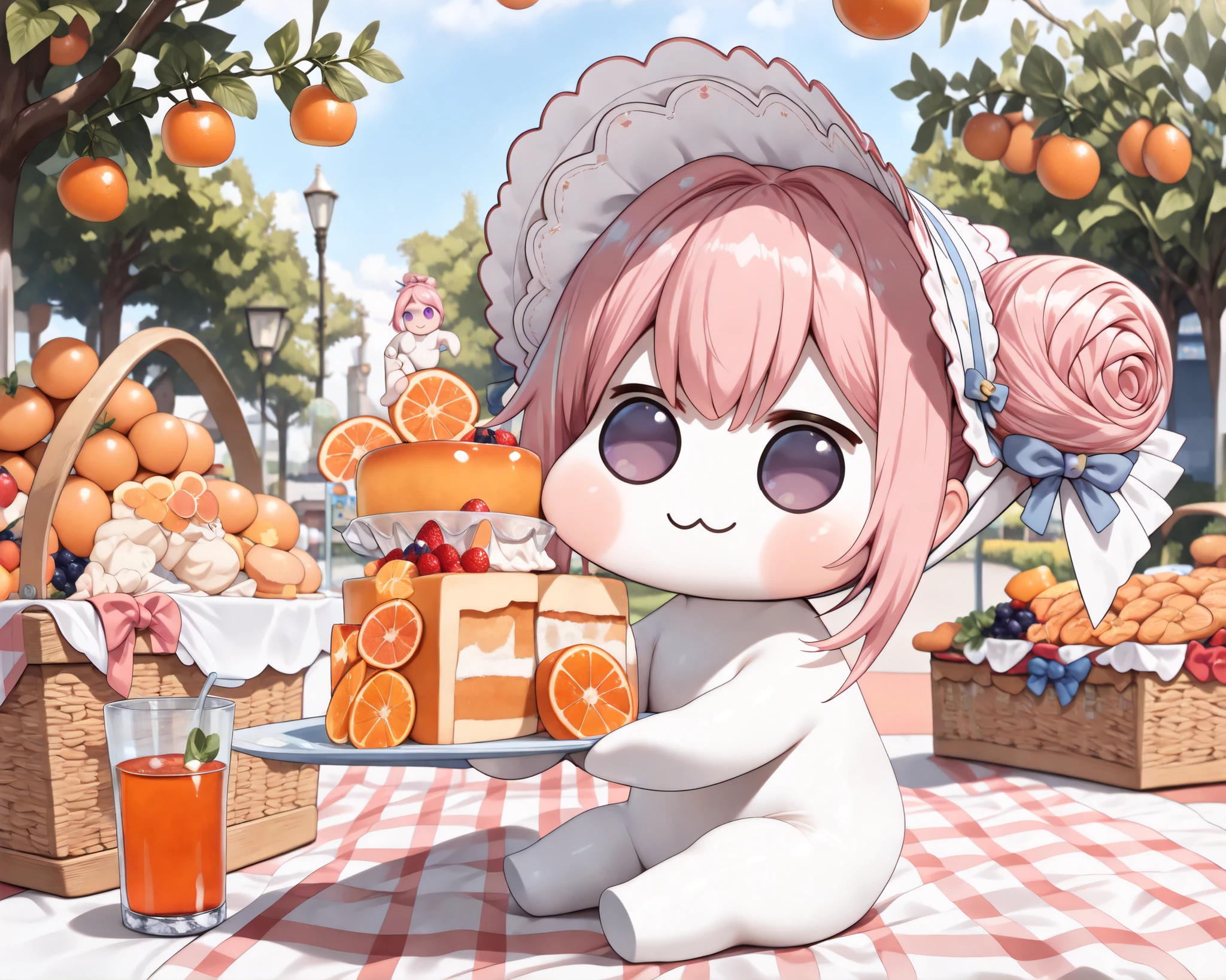 score_9, score_8_up, score_7_up, score_6_up, source_anime, (((absurdres))), (((128K Ultra High Resolution))), (masterpiece, best quality: 1. 5), (high definition: 1, 5), (((highres))), 8K wallpaper, (excellent graphics: 1. 5), CG, (best illustration, highly detailed artwork: 1. 5), (hyper realistic: 1. 5), ((cinematic lighting)), (intricate detail, extreme detailed, super detailed, exquisite details: 1. 5), (beautiful & aesthetic: 1. 5), ((photoreal)), (((very gorgeous and dazzling))), (solo: 1. 5), (only one Doro, 1 Doro: 1. 5), (cute Doro: 1. 5), (small size Doro:1. 5), (tiny Doro, very small Doro: 1. 5), Doro, creature, :3, (((chibi))), (((pink hair, purple eyes, hair bun, hair bow, four legs, white skin, solid circle eyes, no pupils, no tail, no eyebrows, no nose, no ears, soft texture))), (pure white body, pure white skin, pure white face:1. 5), (small head: 1. 3), no humans, ((a feeling of warmth)), (Doro goes on a picnic, Doro sitting on a picnic tablecloth, having a picnic: 1. 5), (((wearing a pretty pioneer bonnet))), (Doro in the park garden, oranges on a tree, beautiful orange color flowers: 1. 5), ((Doro holds a orange in her hand)), (picnic basket is filled with delicious food, picnic basket with packed lunches: 1. 7), (cutted orange, orange slice, orange cake, orange chess pie, orange drop cookies, orange pudding, orange jelly, orange juice: 1. 3), ((orange fruits)), (((peaceful sunny day on spring))), (happy moments: 1. 5), (Doro has a good time, happy smile: 1. 5), (Doro is delighted to go on a picnic, delighted, joyful, true happiness, happiest time: 1. 5), (a slice of life), (splendid scenery background), from side, ((wide angle))