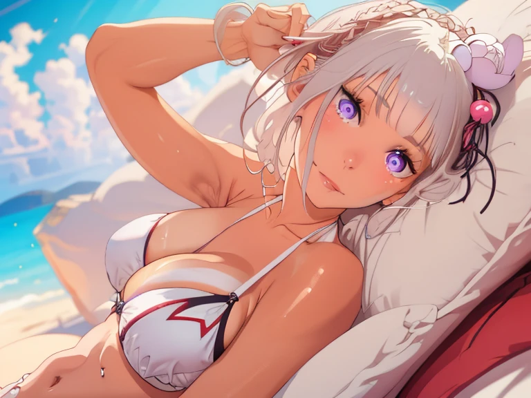 Masterpiece, Best Quality, Super Detailed, High Definition, Expensive Resolution, HDR, 4k, 8K, Unity 8k Wallpaper, Super Detailed CG, Masterpiece, Realistic, 2D, 3D, Beautiful Details, Depth, Fine Texture, Super Fine: 1.3, Full concentration, crispy skin, him, very cute anime girl, bikini, expensive silver short hair, one girl, palm tree, seaside, silver short hair, bikini,Big breasts, full body, mole under the eye, glance, expensive, blush, parted lips, hair ornament, heart, purple eyes, choker