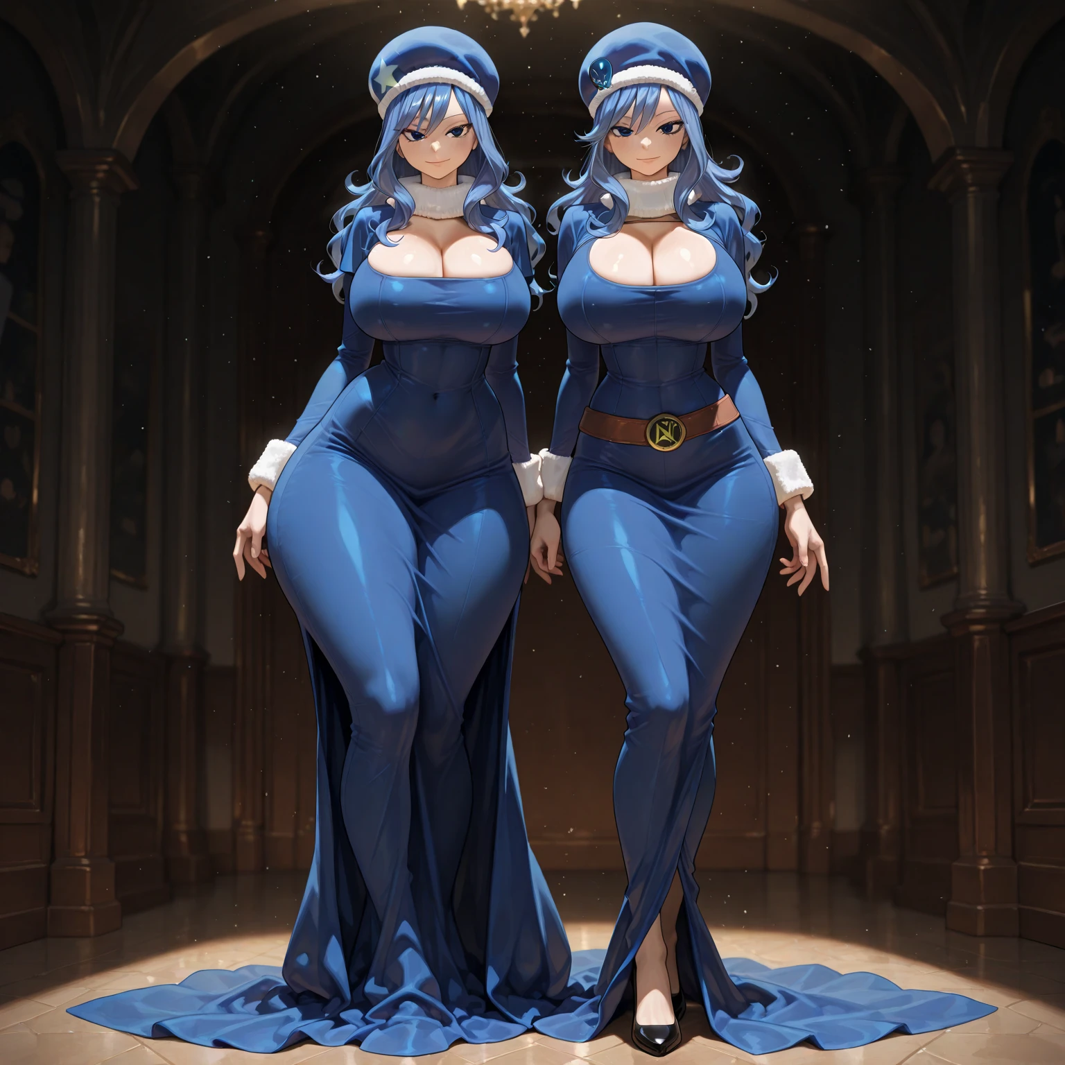 Wendy Marvell with over exaggerated large glutes, huge glutes, thick glutes, rounded glutes, wide hips, , Blue dress, thighs showing, dress shows off figure