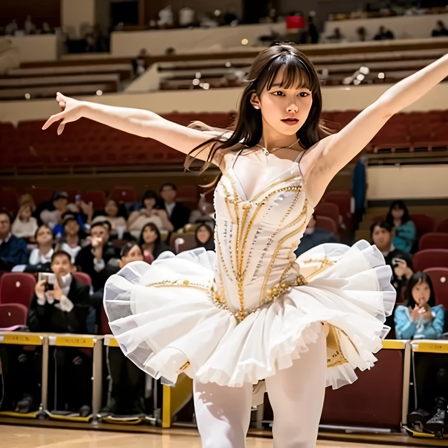 Depict a 20-year-old, exquisitely beautiful ballerina performing on a grand theater stage. She wears a delicate and intricately designed tutu, its soft fabric flowing with every movement. Her posture is impeccable, one leg extended in a perfect arabesque, arms poised elegantly. The warm stage lighting casts a golden glow, illuminating her delicate features and emphasizing the sheer grace of her dance. long hair, dark hair, dark eyes.