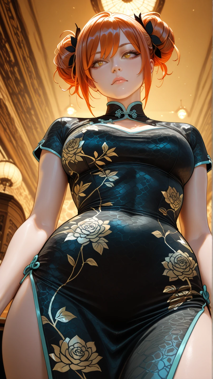 Trading catrd, Mature woman, china dress, sexy pose, big breasts, big ass, bob haircut, smile, redhead