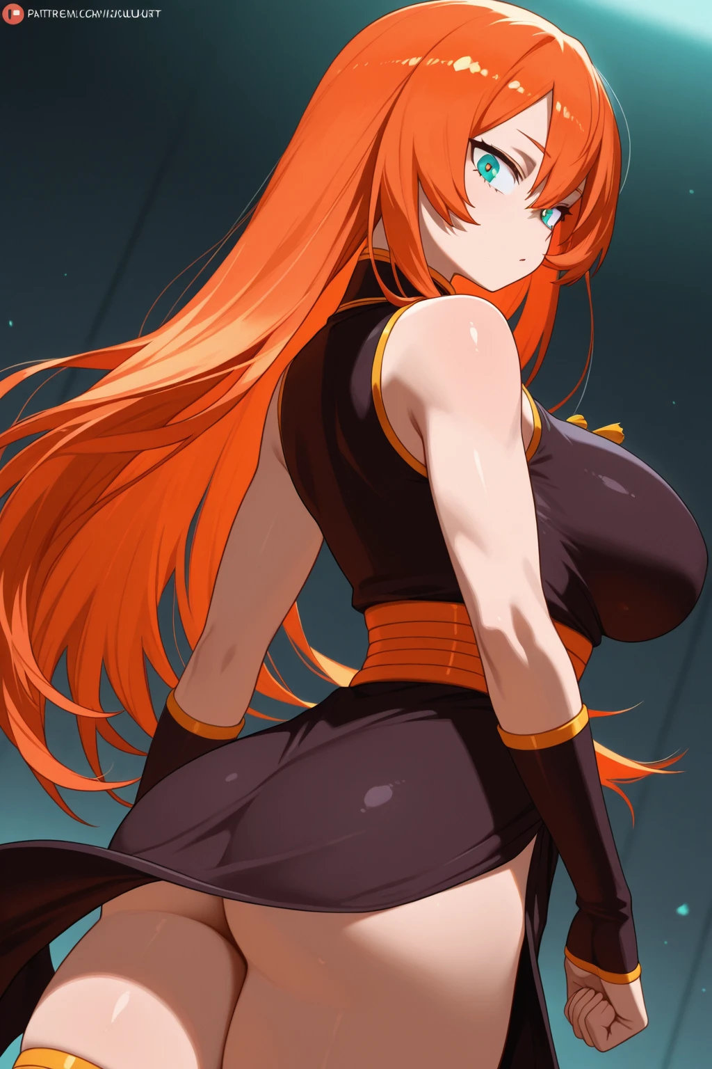 absurdly long hair, orange hair, orange eyes, huge breasts,