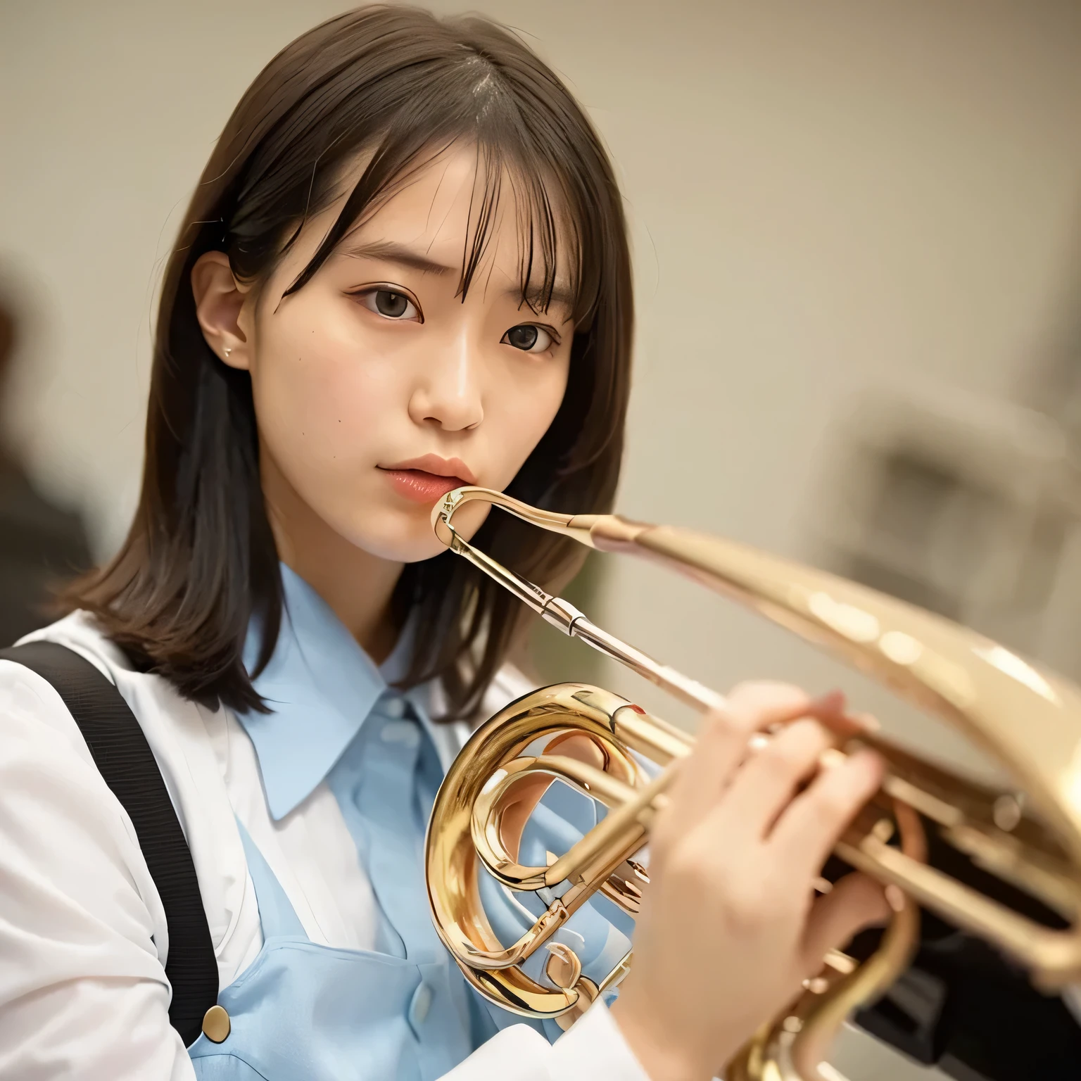 Depict a 20-year-old, dazzlingly beautiful woman playing a brass instrument in a grand concert hall. She wears an elegant yet practical band uniform, designed with intricate gold embroidery. Her posture is poised, fingers positioned with precision, her eyes focused as she plays passionately. The warm stage lighting highlights the shine of her instrument, creating a visually striking contrast between her and the surrounding orchestra. long hair, dark hair, dark eyes.