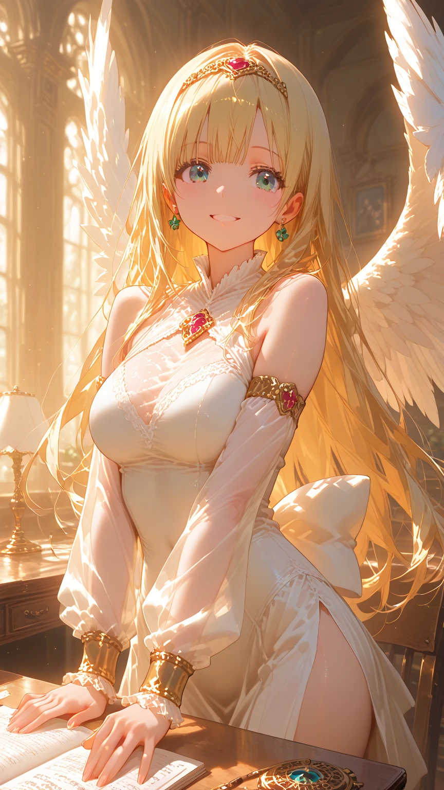 masterpiece, Highest quality, Best aesthetics, One girl, (Yellow Hair、Gradient red hair、Long Hair)、Blue Eyes、Female Angel、Angel Wings、Ideal body type with firm breasts、(Black Wedding Dresses)、(disaster々Shii Necklace)、black engagement ring、Manipulated and with a blank expression、Lower oblique、Spacious interior、