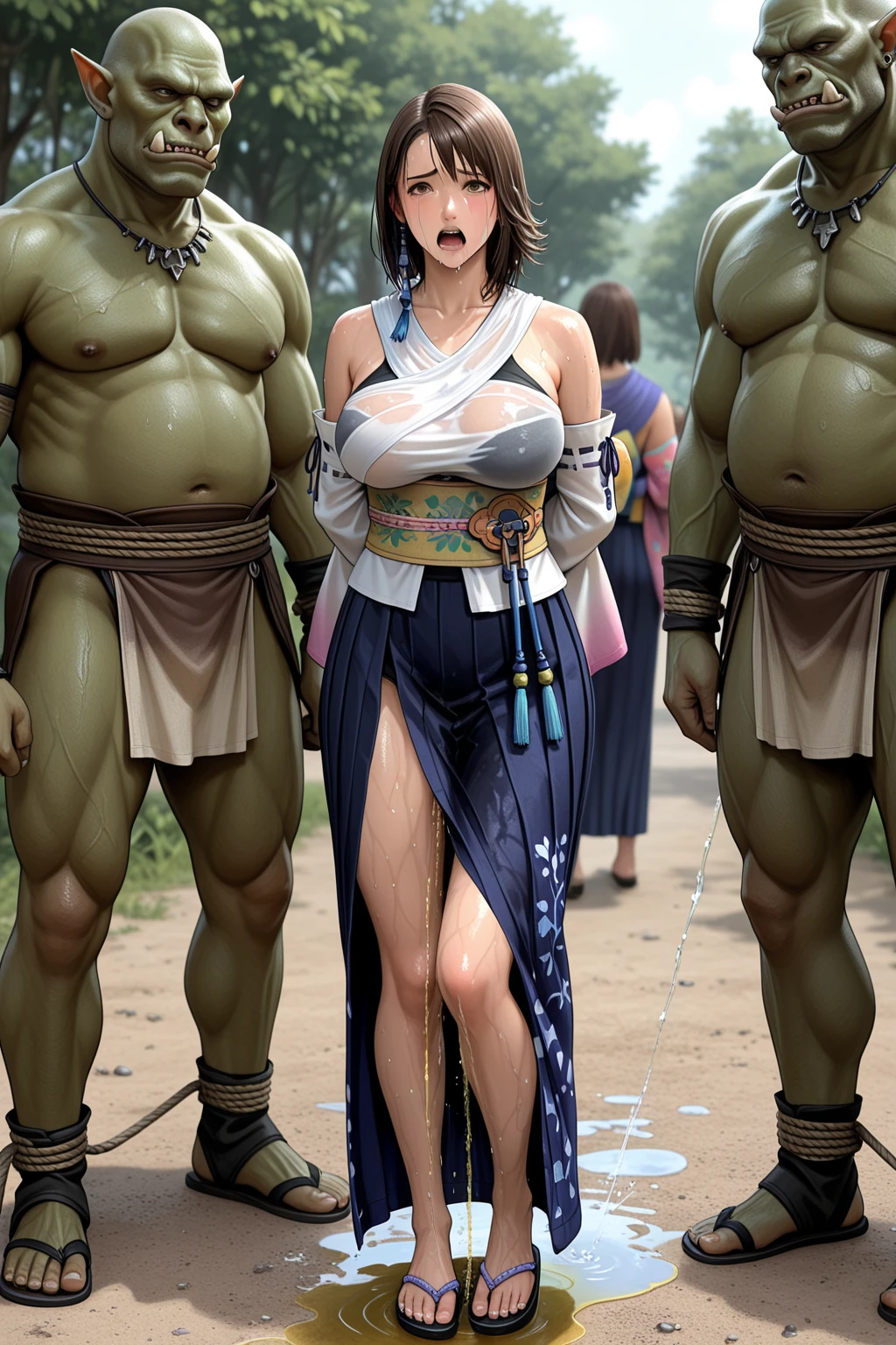 hyper photorealistic, ethereal beauty a cute peasant woman, south korean beauty, korean village, queen Himiko, (42 years), youthful, soft contoured, sweet sweet soft gentle smile, (detailed face and eyeull body portrait,  (extremely sexy), Masterpiece, pleasure, massive breasts, Full figured woman, full body, expression enjoyment, idyllic aura, medieval environment, cinematic lighting, dark smooth hair, slick-back, fine facial traits, fleshy-slim physique, (depth of field), ultra detailed, cinematic, surrounded by goblins, 