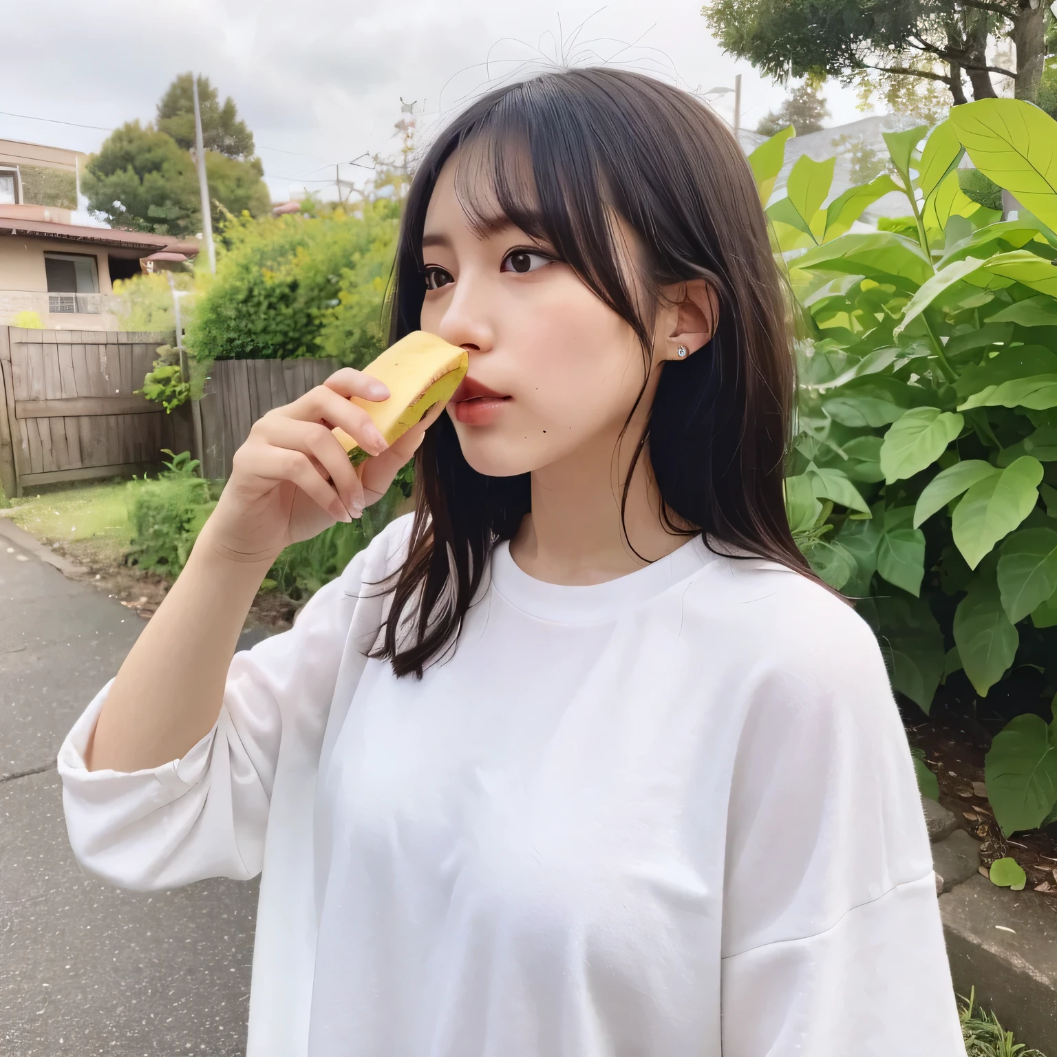 She is holding a banana with its peel partially removed, revealing the white fruit inside. She is eating the exposed white part. long hair, dark hair, dark eyes. 
