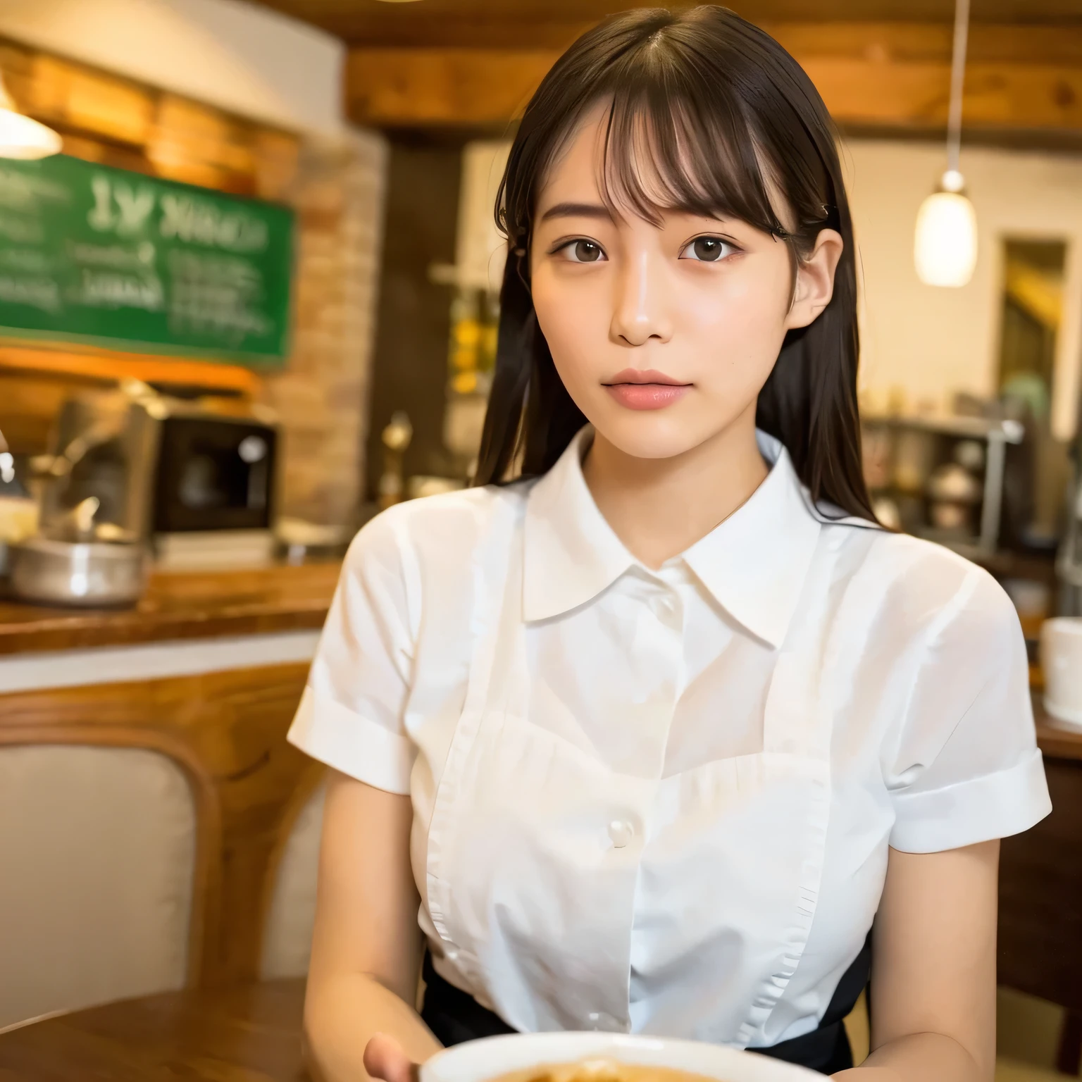 A girl is working as a waitress in a cozy cafe. She's wearing a classic maid outfit. The air feels warm and calm, and it's like you can almost smell the coffee through the picture. long hair, dark hair, dark eyes. 