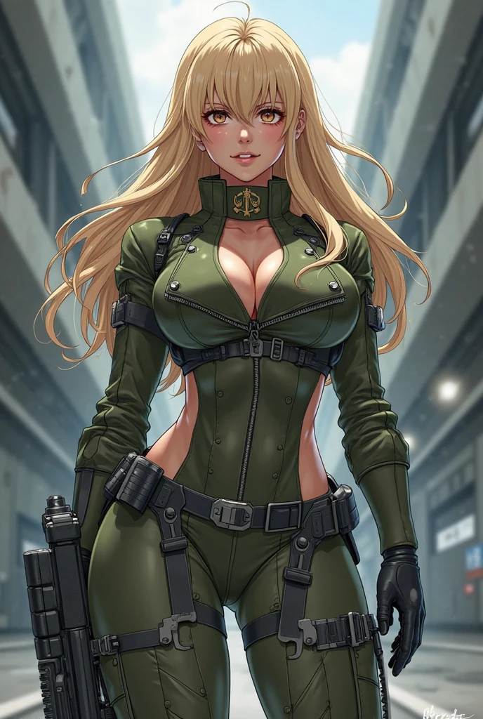 (masterpiece, best quality:1.2), solo, 1girl, hair over one eye, blue eyes, cleavage, Prison background, Neutral expression, Prison jumpsuit (orange), standing neutral pose,