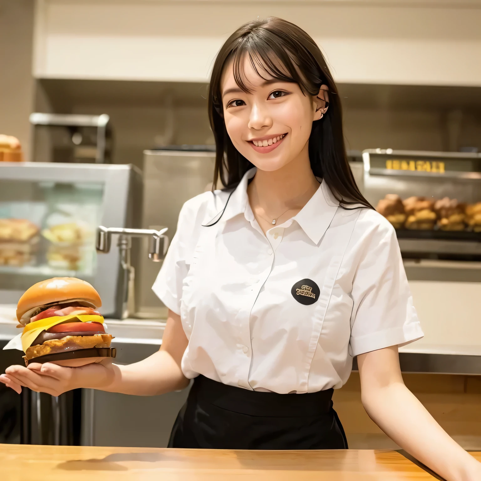 She is a cheerful girl working behind the counter at a cozy burger shop. She is wearing a cute burger shop uniform and smiling warmly at the customers. The background shows a bright and clean fast food counter with menu boards. long hair, dark hair, dark eyes. 