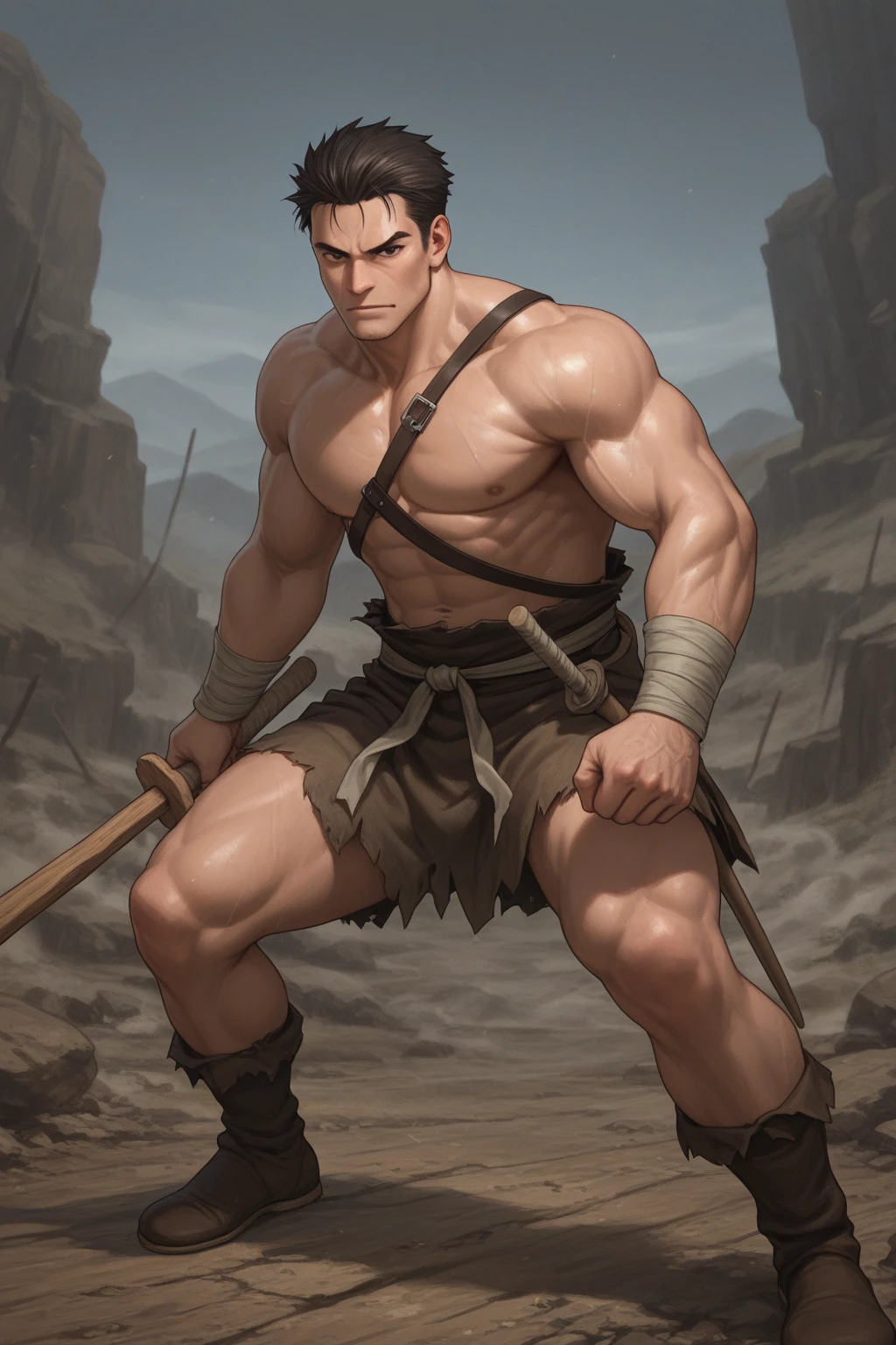 Conan Exiles Style, standing, facing forward young warrior (16 years old) (young face) with a sword, weapon in right hand, ready to fight, top rated pixiv, shirtless, 500 lbs, muscular body, a gigantic chest with a narrow waist, huge shoulders, ridiculously well-shaped large pecs, eight chiseled abs, arms as thick as trunks and formidable thighs. (heavily toned and huge) narrow waist, barbarian, brown hair, ponytail hair, blue eyes (detailed eyes), D&D character, brave warrior, human, handsome face, young face, skill image, bulge