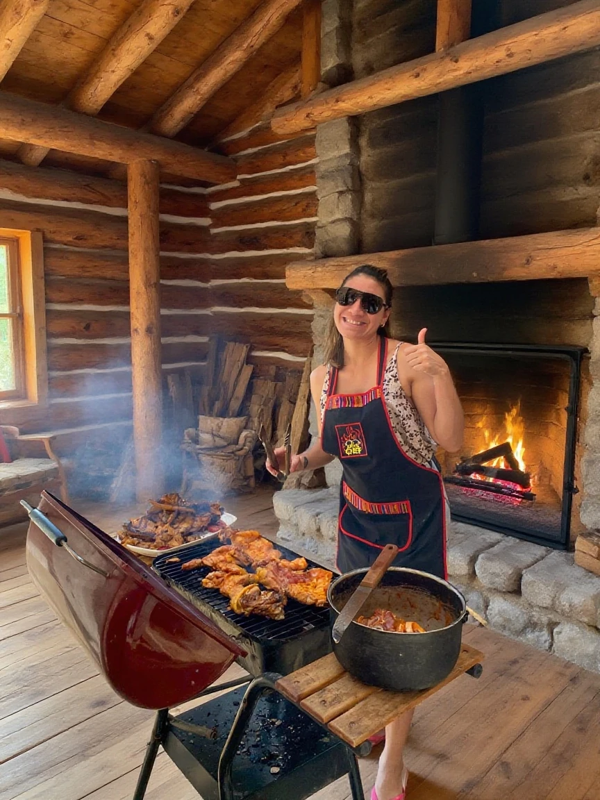 (photorealistc:1.1) beautiful young Hispanic woman cooking over a campfire, campsite in the wood, tent and picnic table in background, woman wearing evening gown, woman smiling, elegant woman with long hair