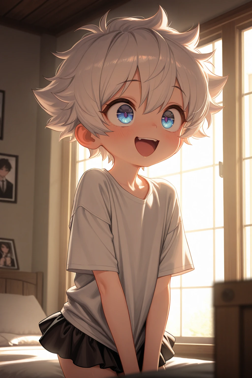 8 year old boy sitting on the floor with his legs crossed and with cute socks with children's drawings his room is so cute and full of sparkles He has fluffy white hair
