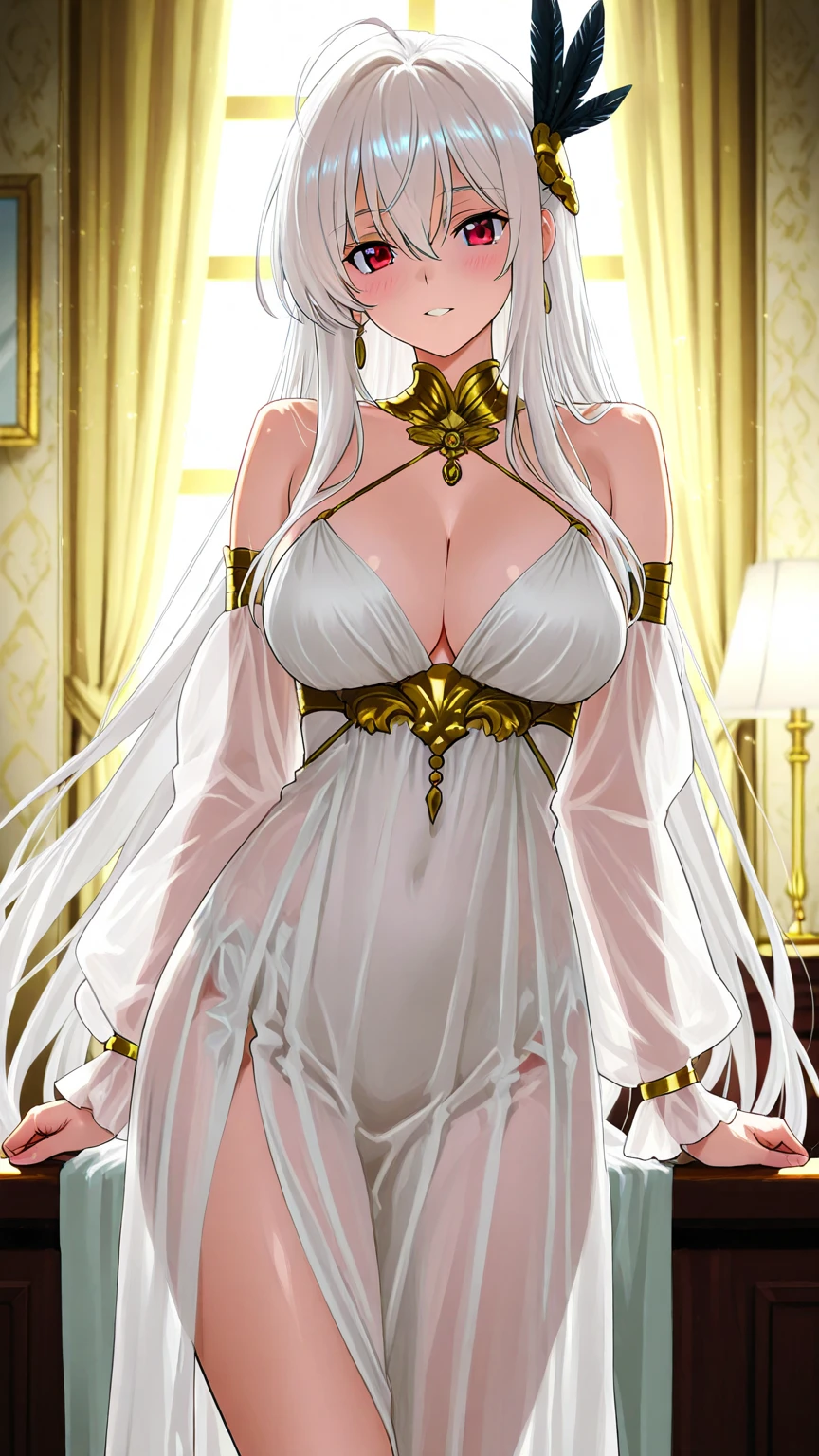 (NSFW:1.3), (:1.3),Naked,masutepiece,Best Quality,Highly detailed,(Beautiful detailed eyes:1.2), Anime cel drawings from the 1980s,Vivid colors, (bright colour),(disproportionately hanging chest:1.5),(huge-breasted:1.5),(very sagging chest:1.5), (Gigantic :1.3),(tareme:1.1), White hair, Long hair,Blunt bangs,(priestess),(nun),From Side,in castle, (Excellent professional oil painting of beautiful Victorian girl),Evil smile,(Succubus),(Cameltoe:1.1),(Add_detail:1.1),(Spreading :1.3),cervix, (Spread ), (Spread legs)
