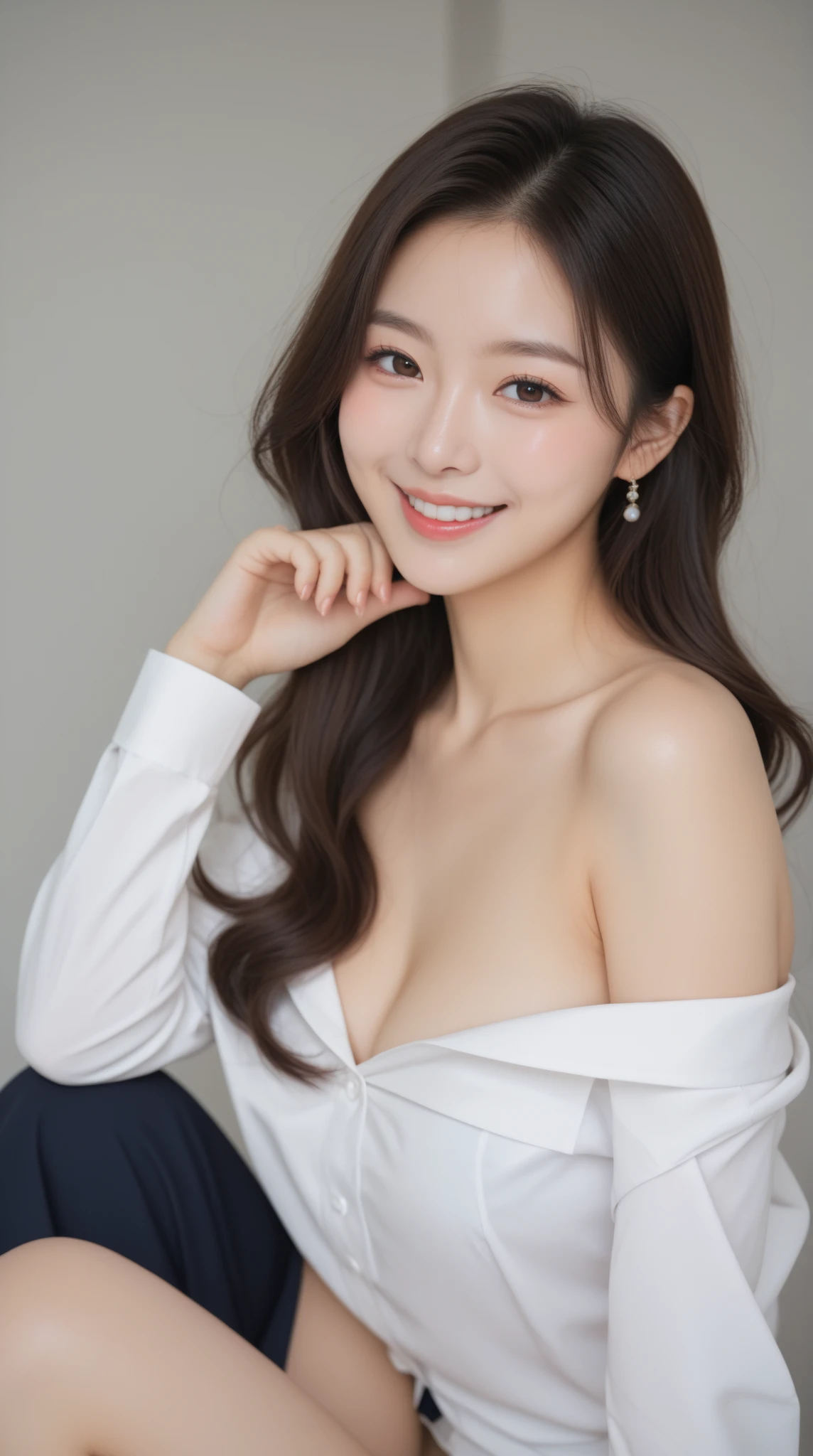 30-year-old woman, Chest Shot, Iris, Black Hair, Warm Background, Grin