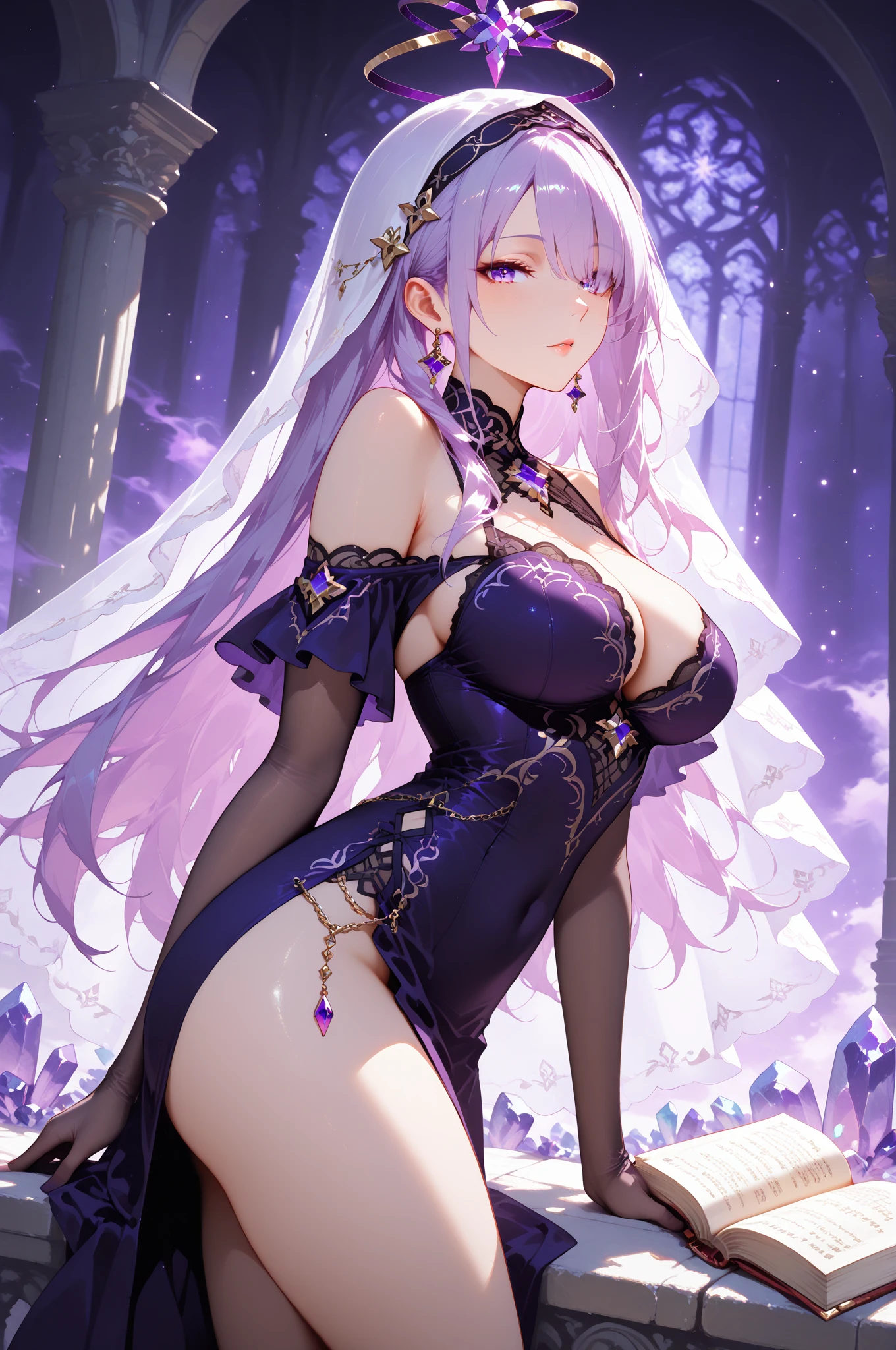 masterpiece, best quality, ultra detailed, dynamic angle, under view, open legs, NSFW, watercolor and oil painting fusion, hot black artwork, white line art, beautiful woman, 1 woman, older woman, black swan, beauty, perfect anatomy, perfect eyes, perfect fingers, perfect hands, anime girl, black high gloves, thick black stockings, sexy dress, tight, thighs, purple hair, seductive smile, room background, soft, seductive, hot, spicy,