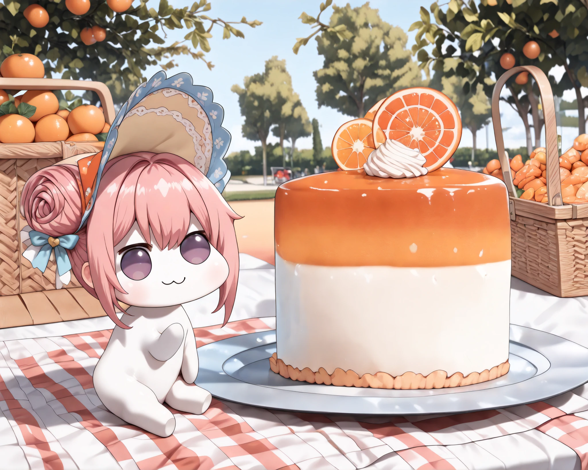 score_9, score_8_up, score_7_up, score_6_up, source_anime, (((absurdres))), (((128K Ultra High Resolution))), (masterpiece, best quality: 1. 5), (high definition: 1, 5), (((highres))), 8K wallpaper, (excellent graphics: 1. 5), CG, (best illustration, highly detailed artwork: 1. 5), (hyper realistic: 1. 5), ((cinematic lighting)), (intricate detail, extreme detailed, super detailed, exquisite details: 1. 5), (beautiful & aesthetic: 1. 5), ((photoreal)), (((very gorgeous and dazzling))), (solo: 1. 5), (very small size Doro, small Doro, only one Doro, 1 Doro: 1. 5), (cute Doro: 1. 5), Doro, creature, :3, (((chibi))), (((pink hair, purple eyes, hair bun, hair bow, four legs, white skin, solid circle eyes, no pupils, no tail, no eyebrows, no nose, no ears, soft texture))), (pure white body, pure white skin, pure white face:1. 5), (small head: 1. 3), no humans, ((a feeling of warmth)), (Doro goes on a picnic, Doro sitting on a picnic tablecloth, having a picnic: 1. 5), (((wearing a pretty pioneer bonnet))), (Doro in the park garden, oranges on a tree, beautiful orange color flowers: 1. 5), ((Doro holds a orange in her hand)), (picnic basket is filled with delicious food, picnic basket with packed lunches: 1. 7), (cutted orange, orange slice, orange cake, orange chess pie, orange drop cookies, orange pudding, orange jelly, orange juice: 1. 3), ((orange fruits)), (((peaceful sunny day on spring))), (happy moments: 1. 5), (Doro has a good time, happy smile: 1. 5), (Doro is delighted to go on a picnic, delighted, joyful, true happiness, happiest time: 1. 5), ((a slice of life)), (splendid scenery background), (bright color), from side, ((wide angle))
