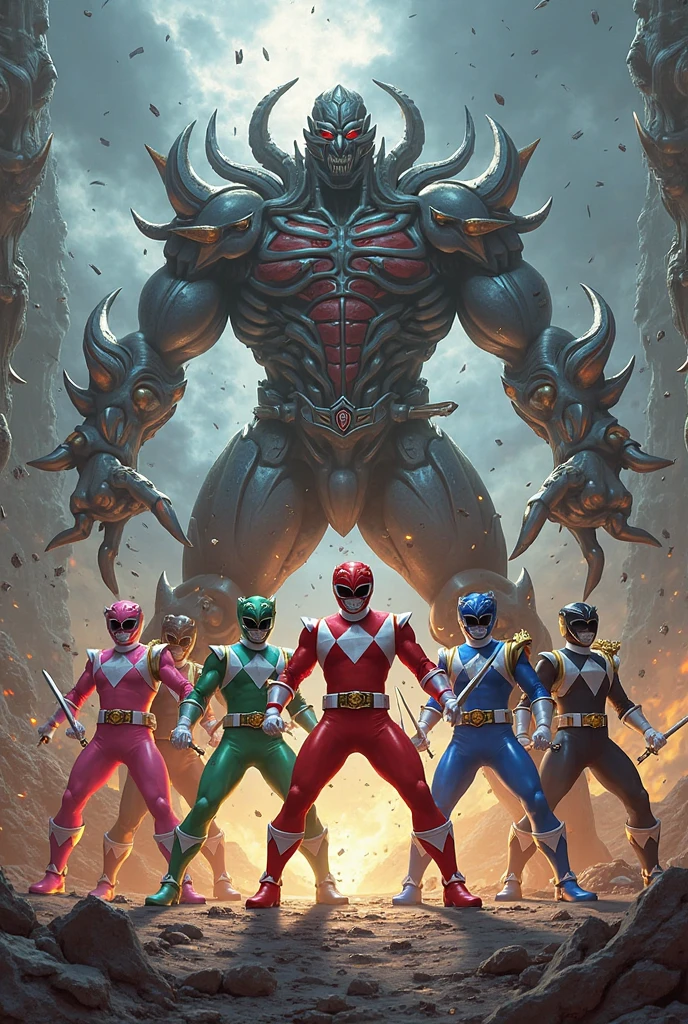 The Red Power Ranger in the middle of two mountros hugging him 