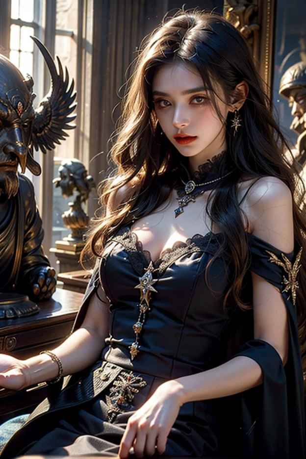 A russian woman with a dagger in her hand. She wears ornate, dark armor adorned with fur-lined shoulders, full body, very small crown. Her expression is commanding, intense yellow eyes, scars, flowing black hair, gotic castle background, medium and squishy breast, thin waist, blush