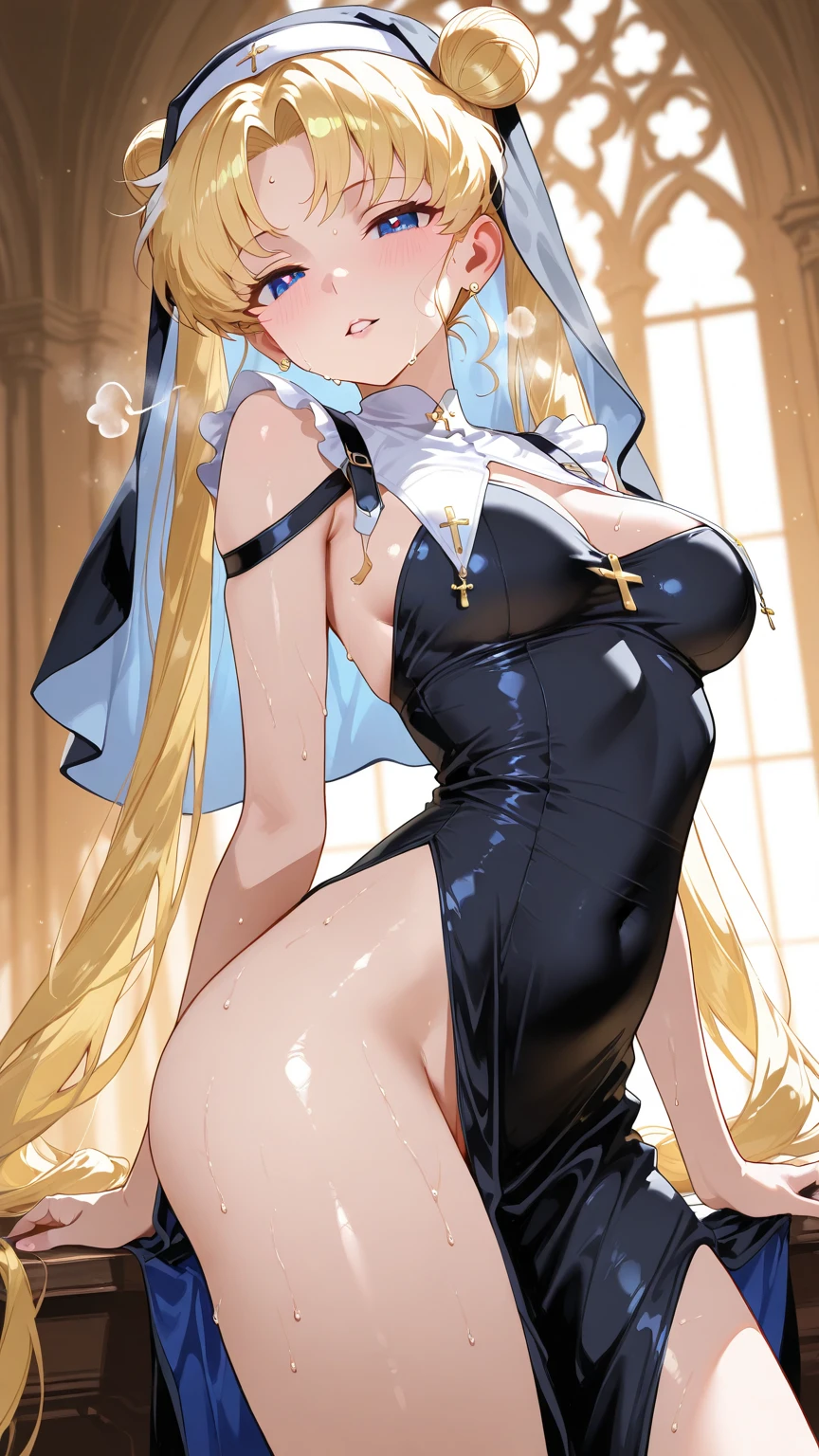 ripped clothes, hanged girl in the air ,handcuffs、Arms over head、Open legs、Humiliation face、Glaring at the other person、Super big breasts、huge beautiful breasts, sexy body, tear her clothes、torn her clothes, exposed beautiful nipples, exposed beautiful pussy、Blonde、Fighting Girl