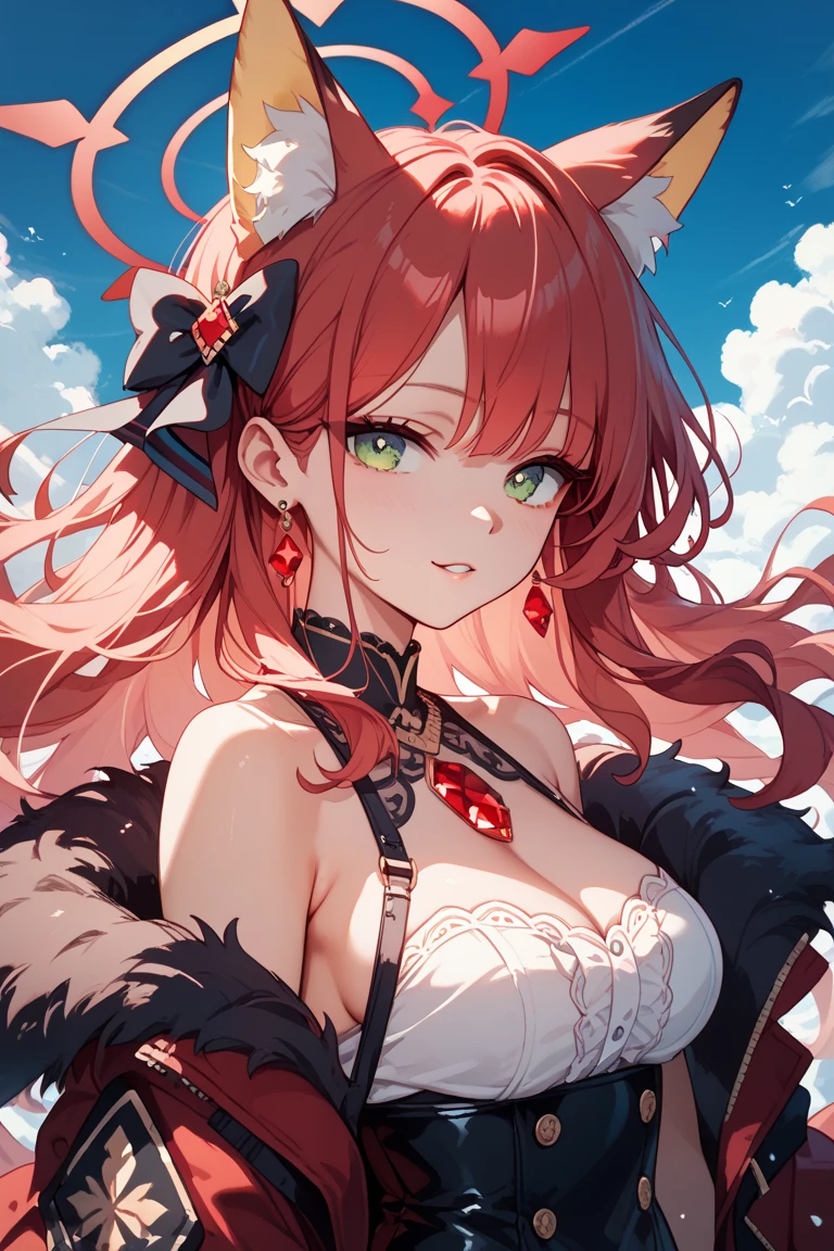 red hair girl, small girl, one girl, wedding dress, with black wings, goddess of darkness, black wings, angel, face on camera, tight shirt, show large chest, dark isekai, shy girl, pitiful face, face forward to camera, asking pose, pink cheeks, half body, body on big chain, smile, blue eyes, no nails, pink blushes, lying on grass, very big breast, cleavage, wet breast, leg_up, 4k, smooth, shiny wet cleavage, flapping black wings on her back