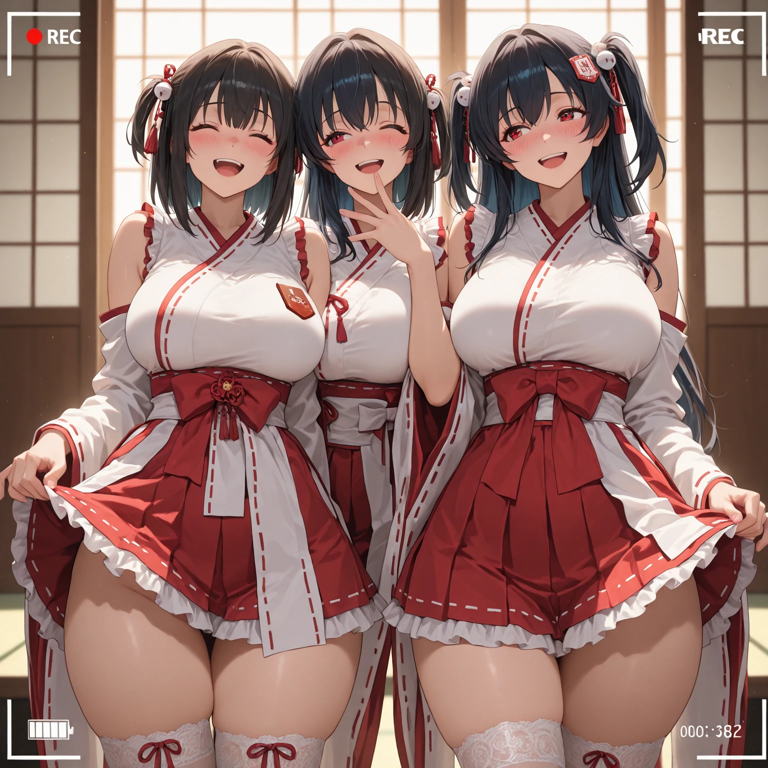 ((masterpiece, best quality, ultra quality, high quality, hyper detailed, intricate detailed, perfect anatomy, shiny skin)), ((upper body:1.2)), (three women are posing for a camera:1.4), (indoors, bed, pillow:1.2), (Lift up your camisole), (full nude:1.4), (smile, shy, red cheek, blush:1.2), (Open your mouth:1.6), (Stand in line) , brown hair, blond hair, navel, jewelry, looking at viewer, necklace, long hair, short hair, Abdominal muscles, straight hair, bob cut, blunt bangs, silky hair, hair clip, hair band, hair ribbon, one-length haircut, ducktail, outward curled hair, French twist hair, twintails, side ponytail, single braid, wavy hair,