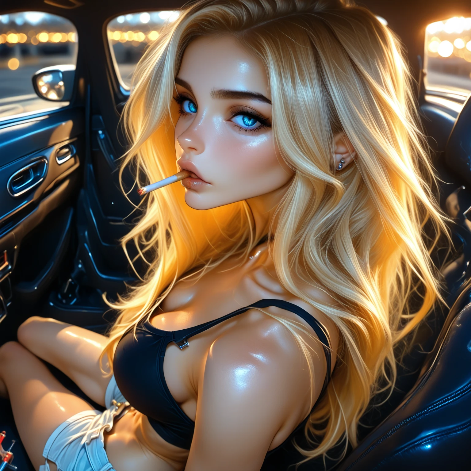 1 beautiful woman, big eyelashes, glossy lips, asleep drooling, sweating, asleep with her mouth open, snoring, asleep lying on the bus, head resting on the seat, eyes closed, painted eyelids, made up, beautiful body, dressed in lingerie sexy; lipstick, full body, looks like actress Pamela Anderson.
