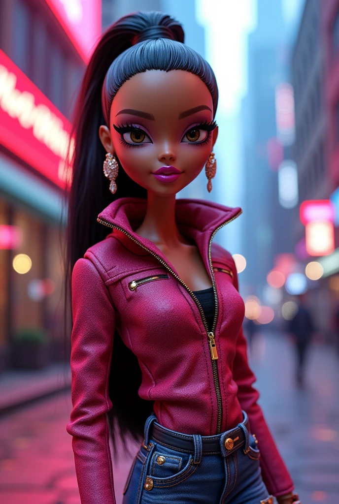 Bratz with long, wavy brown hair, She touches it with her hand, she has black eyes, red lips and long eyelashes, wearing a shiny black top, she's standing, looking in profile