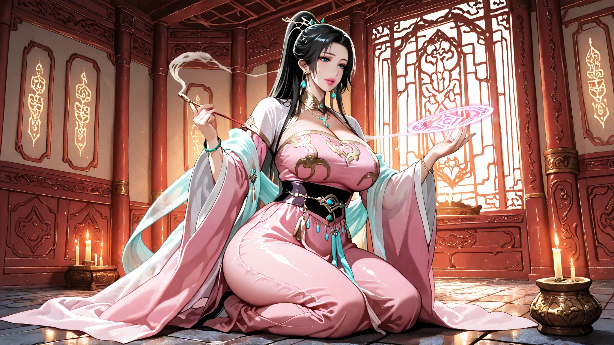 Fantasy Female alchemist wearing a robe, gorgeous Japanese woman, elaborate hair, pink embroidery