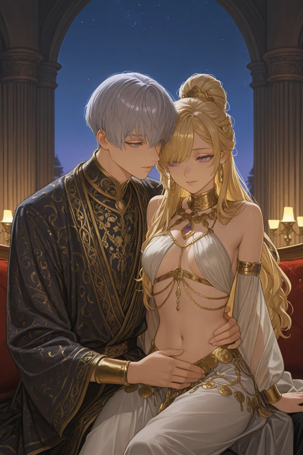 ((Highest quality)), ((masterpiece)), (detailed), （Perfect Face）、The naked man loves the woman so much that he pushes her down, embraces her, and has sex with her, wanting everything she has, and the woman happily accepts him, taking his dick and a huge load of semen into her pussy.、The woman is a Muslim Arab woman named Tsukino Usagi with vivid brown skin, and is wearing a gorgeous, glittering abaya with gold embroidery, a gorgeous hijab, a gorgeous hair ornament, gorgeous jeweled accessories and an engagement ring in a luxurious Islamic mansion. The woman and the man are having sex on a luxurious, large bed in a luxurious room, and the woman is having sex with a middle-aged Arab Muslim man with a dignified beard wearing Arab national dress.、The woman is the elegant Tsukino Usagi, with long blonde hair in a chignon twin tail, wearing an abaya and a gorgeous hijab, and a bright brown-skinned Muslim Arab.、（The woman is a dark-skinned Arab Muslim named Tsukino Usagi）、The man is a Muslim, dignified, strong-looking, bearded, middle-aged Arab man wearing traditional Arab clothing.
