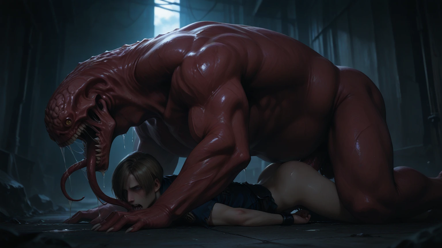 ((((masterpiece)))), ((unity 8k wallpaper, photo realistic, detailed face, cinematic light, ultra-detailed, best quality)), nsfw, bdsm, very beautiful girl, nardack, beautiful face, bangs, ((empty eyes, open mouth, looking back)), ((toned body, abs, pec)), (skinny), ((thin waist)), silver bikini armor, battle boots, (((fight monsters, dead girl, vaginal in huge penis, cum))), from back, on the city, full body Shot