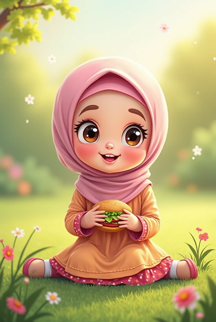 Realistic Karikatur, A women wearing hijab,  pastel brown color hijab, wearing black graduation hat, wearing pastel blue graduation hood with yellow color on the edge, wearing black graduation gown, Long graduation gown that covers the ankles, wearing black shoes , women shoes, rice field background with flowers ,  wooden house background, waterfall background,mountain background, Bicycle background with flower basket , kawaii theme designs, kawaii poses