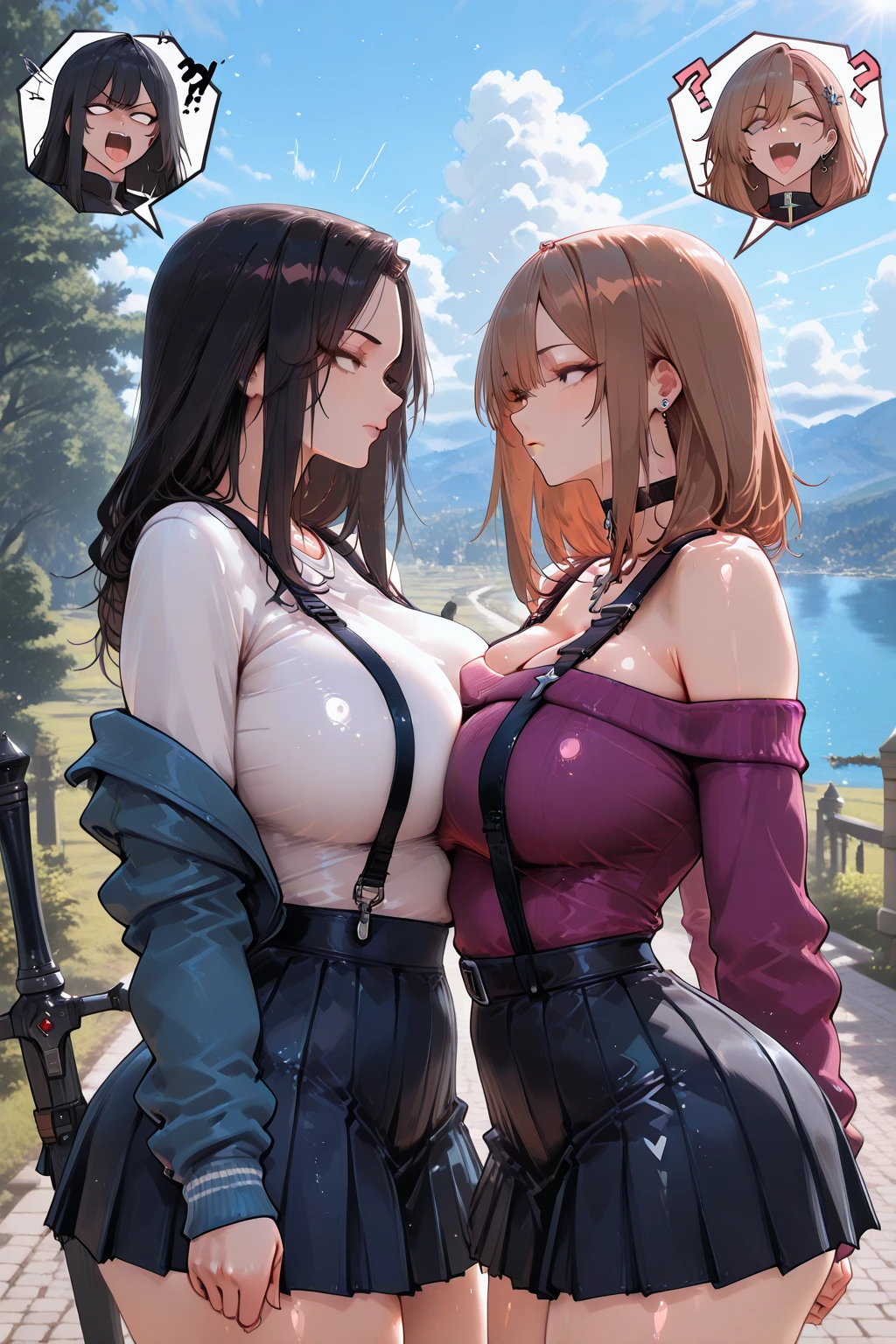 ((high detail, best quality, 4K, masterpiece, HD:1.3)), ((best quality)), (((HD))), (((8k))), (超DH), (ultra HD) A girl with purple eyes minecraft Enderman black top big breasts enlarged breasts full body photo in the forest