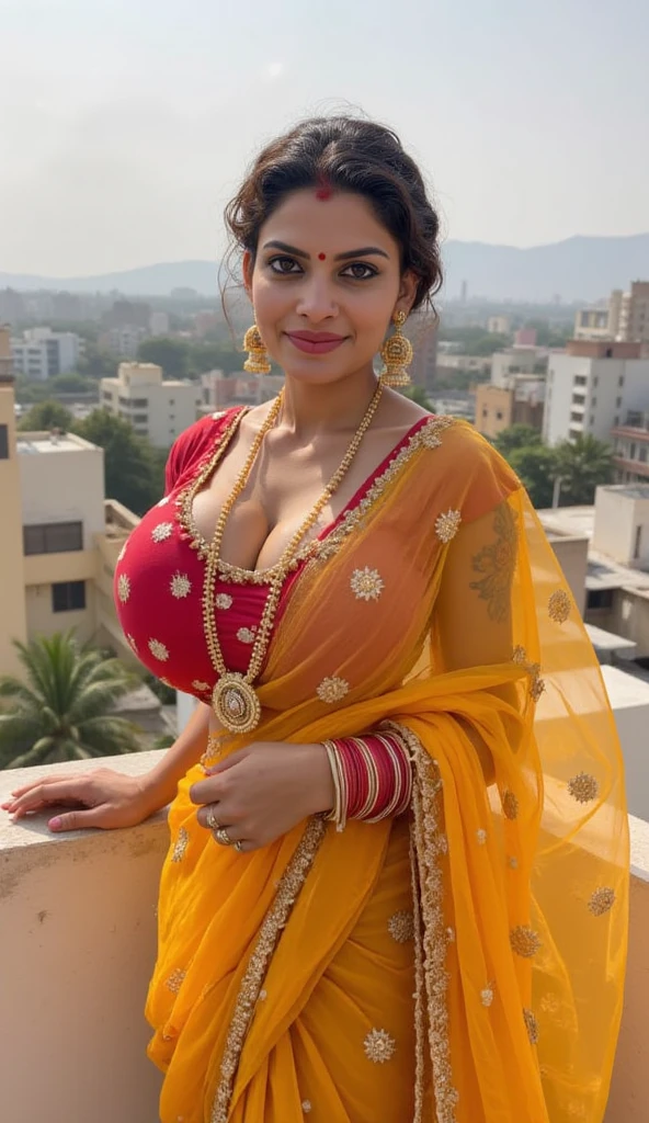 Saira Banu 26 years old beautiful different face cute sexy Indian girl, curvy figure, beautiful different colorful covered t-shirt design blouse, big m-cup tight breast, big breasts with bra, different hairstyle, bright eyes, thin eyebrows, fair skin, blushing cheeks, head to thigh view, smiling face, Kamasutra expression, Straight front view standing beautiful different merry Christmas old Indian village soil road background, ultra realistic, head to thigh view, black hair, Provocative eye Contact, glossy lips, attractive eye contract face, oval cleavage