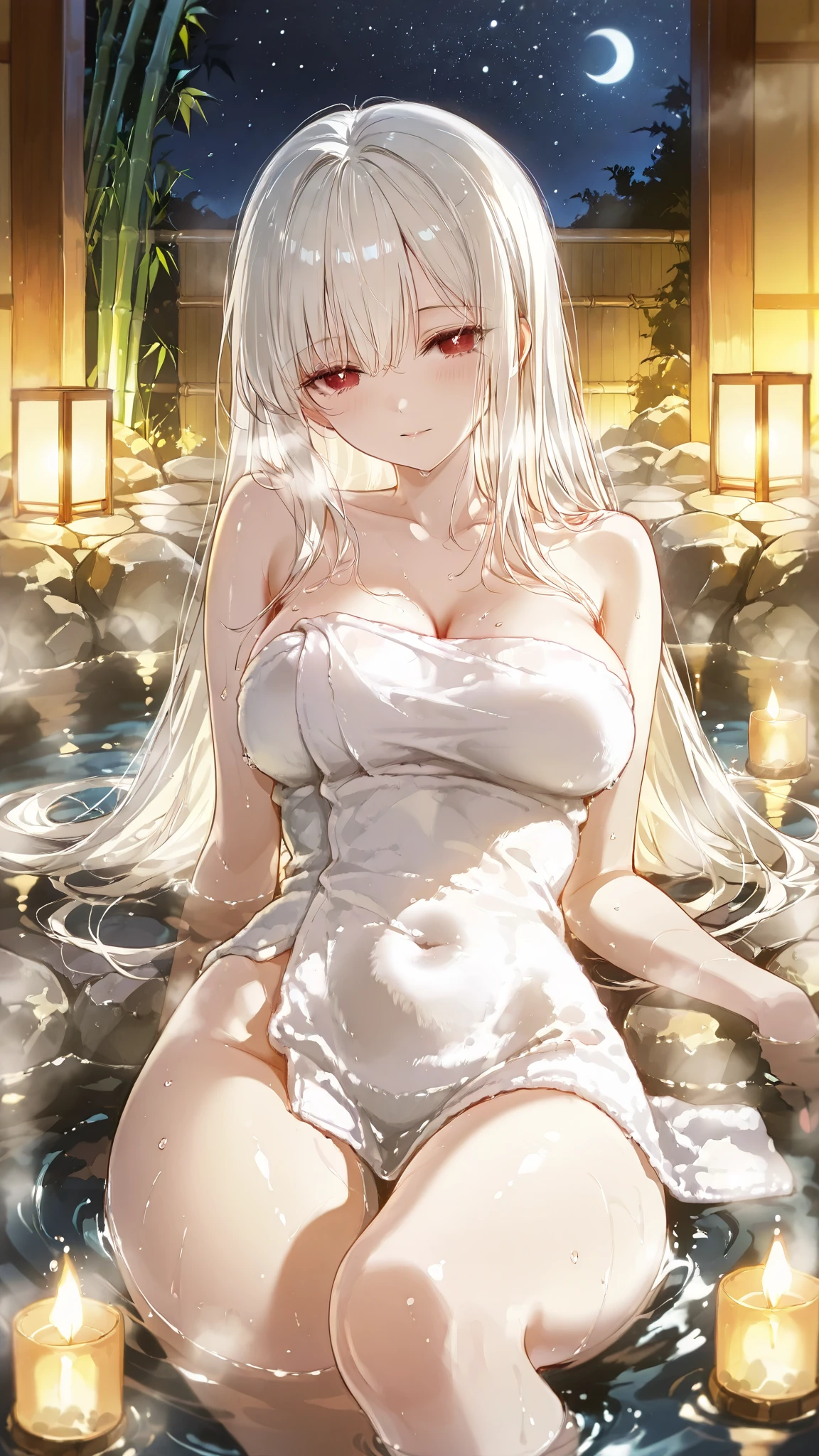 (masterpiece, best quality), official art, 8k, ultra detailed, one girl, moderniashirt, bangs, eyebrows visible through hair, long hair, silver hair, red eyes, blush, open mouth, smile, huge breasts, cleavage, hair ribbon, white shirt, off shoulder, panties, looking at viewer, sitting, day, blue sky, cloud, cloudy sky, window, curtains, window, leaf, palm tree, plant, potted plant, <lora:modernia-nikke-richy-v3_1:0.9>, <lora:more_details:0.3>