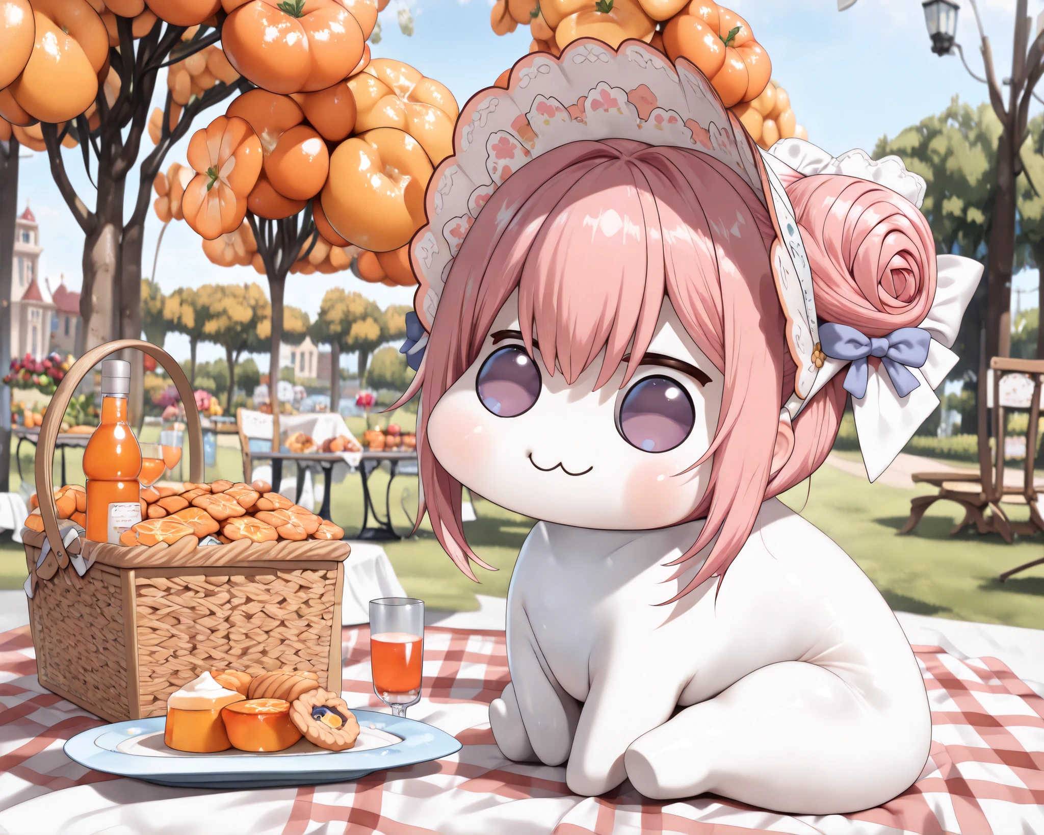 score_9, score_8_up, score_7_up, score_6_up, source_anime, (((absurdres))), (((128K Ultra High Resolution))), (masterpiece, best quality: 1. 5), (high definition: 1, 5), (((highres))), 8K wallpaper, (excellent graphics: 1. 5), CG, (best illustration, highly detailed artwork: 1. 5), (hyper realistic: 1. 5), ((cinematic lighting)), (intricate detail, extreme detailed, super detailed, exquisite details: 1. 5), (beautiful & aesthetic: 1. 5), ((photoreal)), (((very gorgeous and dazzling))), (solo: 1. 5), (small size Doro, small Doro, only one Doro, 1 Doro: 1. 5), (cute Doro: 1. 6), Doro, creature, :3, (((chibi))), (((pink hair, purple eyes, hair bun, hair bow, four legs, white skin, solid circle eyes, no pupils, no tail, no eyebrows, no nose, no ears, soft texture))), (pure white body, pure white skin, pure white face:1. 5), (small head: 1. 3), no humans, ((a feeling of warmth)), (Doro goes on a picnic, Doro sitting on a picnic tablecloth, having a picnic: 1. 5), (((wearing a pretty pioneer bonnet))), (Doro in the park garden, oranges on a tree, beautiful orange color flowers: 1. 5), ((Doro holds a orange in her hand)), (picnic basket is filled with delicious food, picnic basket with packed lunches: 1. 7), (cutted orange, orange slice, orange cake, orange chess pie, orange drop cookies, orange pudding, orange jelly, orange juice: 1. 3), ((orange fruits)), (((peaceful sunny day on spring))), (happy moments: 1. 5), (Doro has a good time, happy smile: 1. 5), (Doro is delighted to go on a picnic, delighted, joyful, true happiness, happiest time: 1. 5), ((a slice of life)), (splendid scenery background), (bright color), from side, ((wide angle))