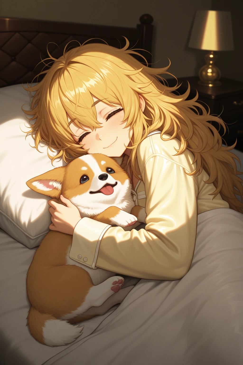 Japanese animation style、Create a digital illustration of an adult elf woman sleeping in a large bed、She is wearing a rather large shirt.、Relaxed  expression、Long, loosely wavy blonde hair、 pet Shiba Inu、The Shiba Inu needs to sleep curled up next to her.、The soft morning light shines in、Calm atmosphere、Detailed and clear drawing、Warm and gentle colors、Drawing from a top-down perspective