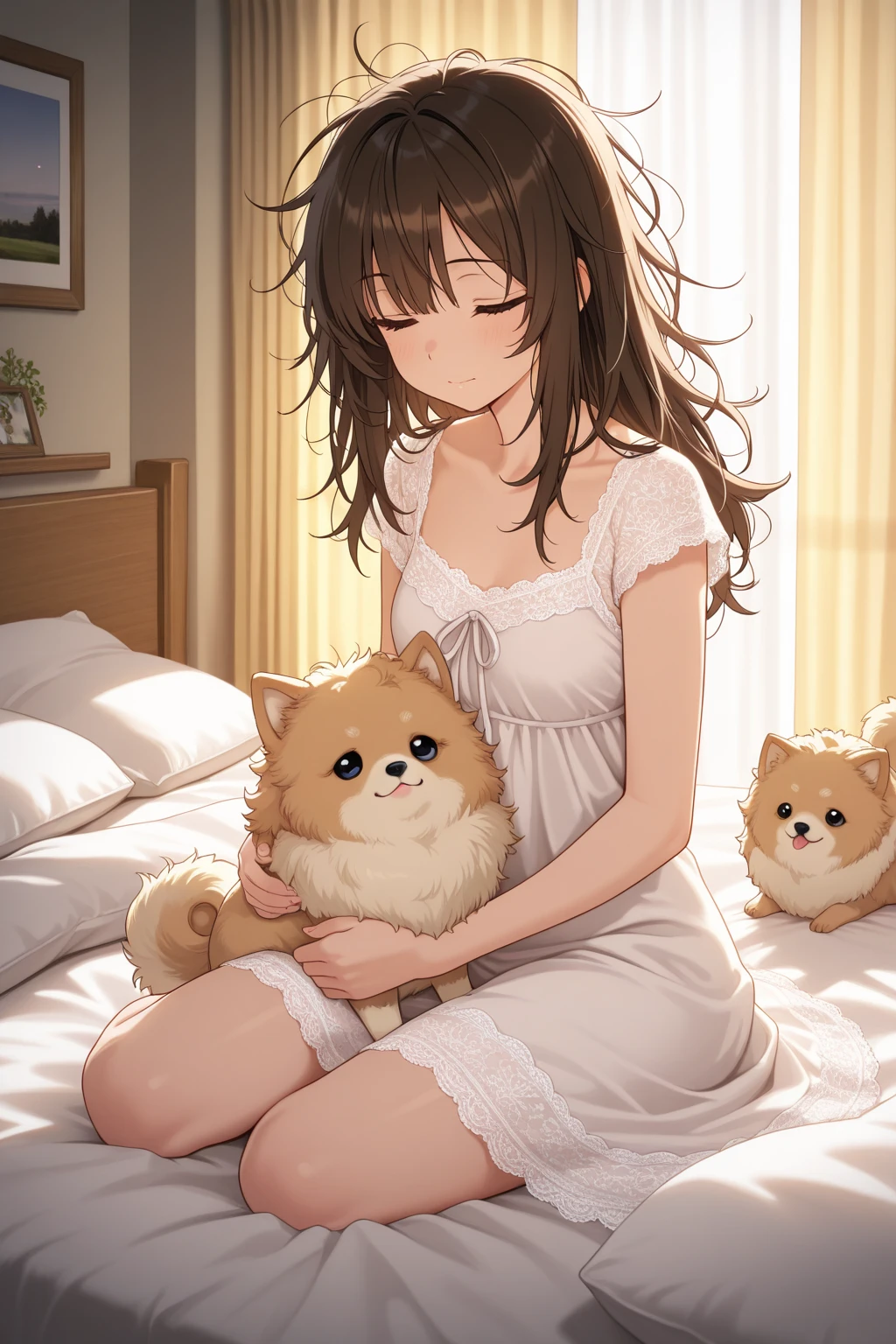 anime pretty girl , full body , big anime pretty with lashes hazel eyes , medium brunette long curly hair , brunette , white summer dress with straps , pretty sandals , blush face , sitting on the bed hugging a small white and tan shih tzu with white ears dog and cream face, smiling face , cute freckles