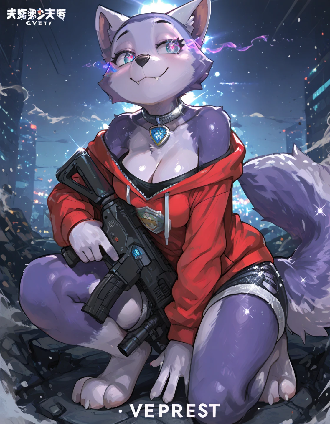 2girls, doing anything, any pose, massive breasts and hips and butt, hoodie and shorts, any fur color and pattern, any eye color [Heterochromia allowed], ((Fluffy fur and tail)), full face blush, any expression, doing anything, any pose, rooftops, night, cat, any weapon, sci fi, armed or unarmed, flirty, dressing or undressing