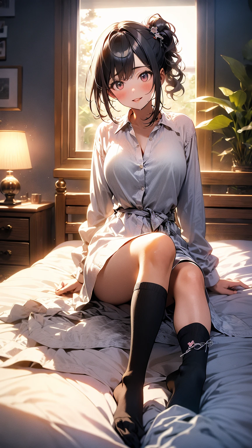 ((perfect anatomy, anatomically correct, super detailed skin)), 1 girl, japanese, 16 years old, (detailed ultra-oily shiny skin:1.1), watching the view, adorable smiling,
beautiful hair, beautiful face, beautiful detailed eyes, (middle hair:1.7, side ponytail:1.5), parted bangs, babyface,
beautiful clavicle, beautiful body, beautiful breasts, (large breasts:0.8), beautiful thigh, beautiful legs,
((pajamas)),
(beautiful scenery), living room, table, sitting cushion,
(8k, top-quality, masterpiece:1.2, extremely detailed), (photorealistic), beautiful art, visual art, depth of fields, cinematic lighting, ,