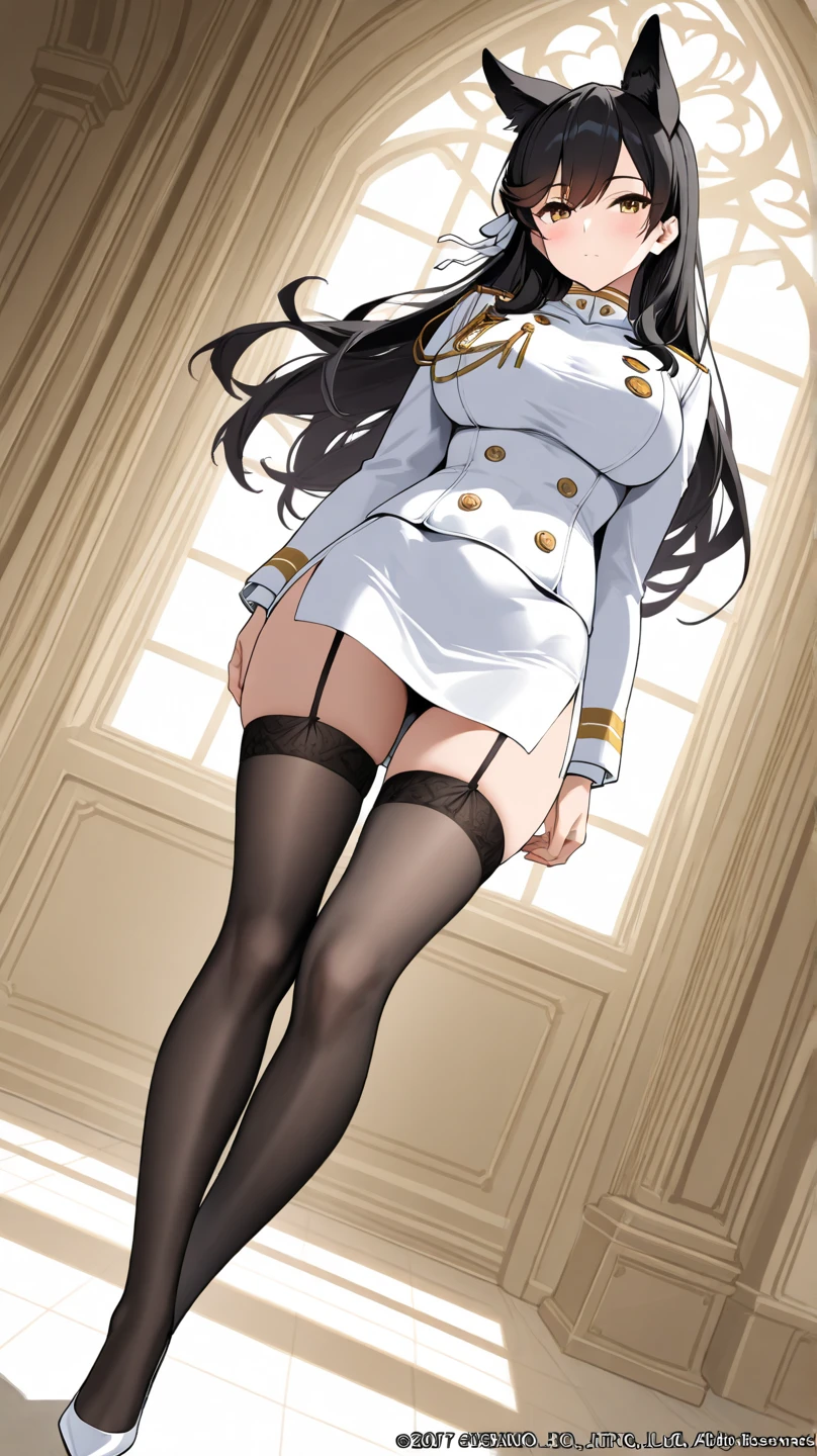 Hews art style, score_9, score_8_up, score_7_up, source_anime, michikotanaka, michiko tanaka, long hair, black hair, yellow eyes, facial mark, forehead mark,   BREAK (masterpiece:1.2), best quality, high resolution, (detailed eyes:1.3), perfect lighting, (perfect hands, perfect anatomy), (small breast:1.3), narrow waist, gloves, looking_at_viewer,  solo, pantyhose, shirt, blush, white_shirt, jacket, collared_shirt, anime coloring, anime screencap, hair ornament, drunk, open mouth, blush face, crossed legs, ok-sign,  