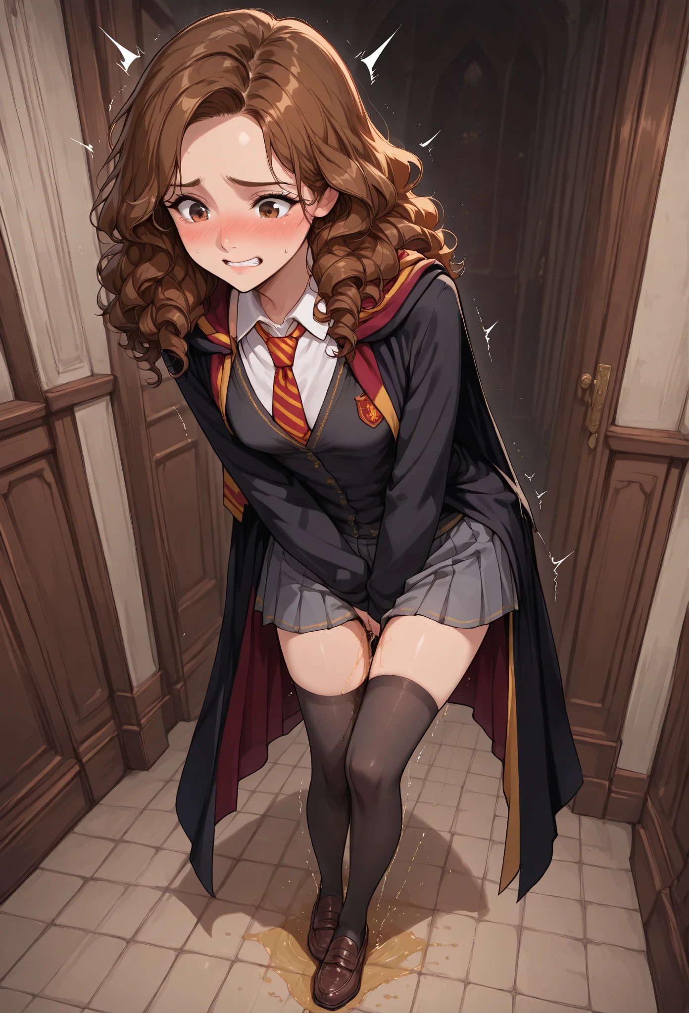 Masterpiece, hiquality, Dynamic Angle, Cowboy shot, 15 years, 1girl, child, 独奏, Hermione Granger, shirt, leggins, Highly Detailed Beautiful Face and Eyes, Beautiful skin, Wet, blushful, Perfect anatomical smile, thigh strap, Walking, Hands Behind Your Back, Classroom, Sun light, little chest, thights, wide thighs, Athletic hips, Erotica, Sex, trembling, the sweat, heavy breathing,