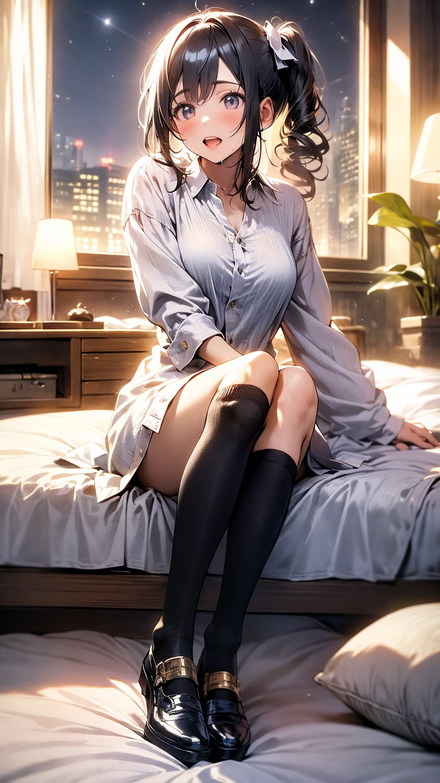 (dark skin:1.75)、(Blonde gal spreads her legs provocatively with a grin:1.4)、(See here:1.5)、perfect beautiful breasts、(slutty makeup)、(eyeliner、mascara、false eyelashes)、(buzz cut hairstyle with random bangs:1.24),Early morning in bed、(Sexy grey open front knit blouse:1.35)、(Sexy lace mini skirt、panties:1.2),