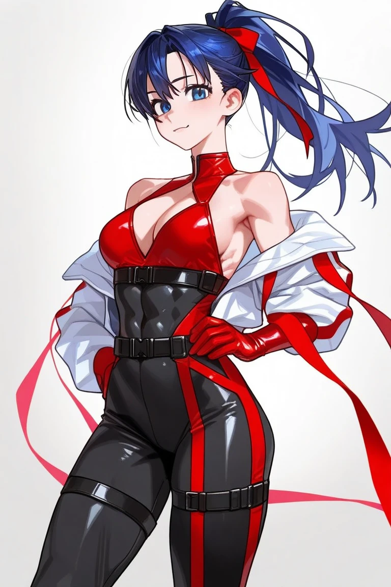 A woman is alone in the room, Wearing a red gothic dress, Wearing a corset, Wearing black latex short gloves, Dark atmosphere, Cute Japan girl face in the style of Minami Hamabe, Sanpaku's blue eyes, slender, The whole body is shown, A dark-haired, Short Bob, Wearing lace-up boots, pale complexion, Red Eyeliner, double tooth, Maiden, Best Quality
