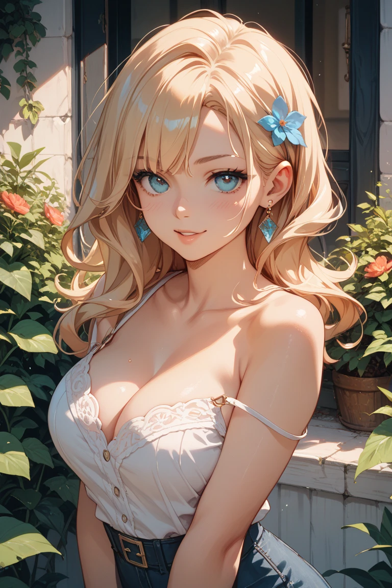 Highest quality, masterpiece, Ultra-high resolution (Realistic: 1.4), RAW Photos, 1 girl, White Dress, Exposing shoulders, A field full of pink flowers, Glowing Skin, smile