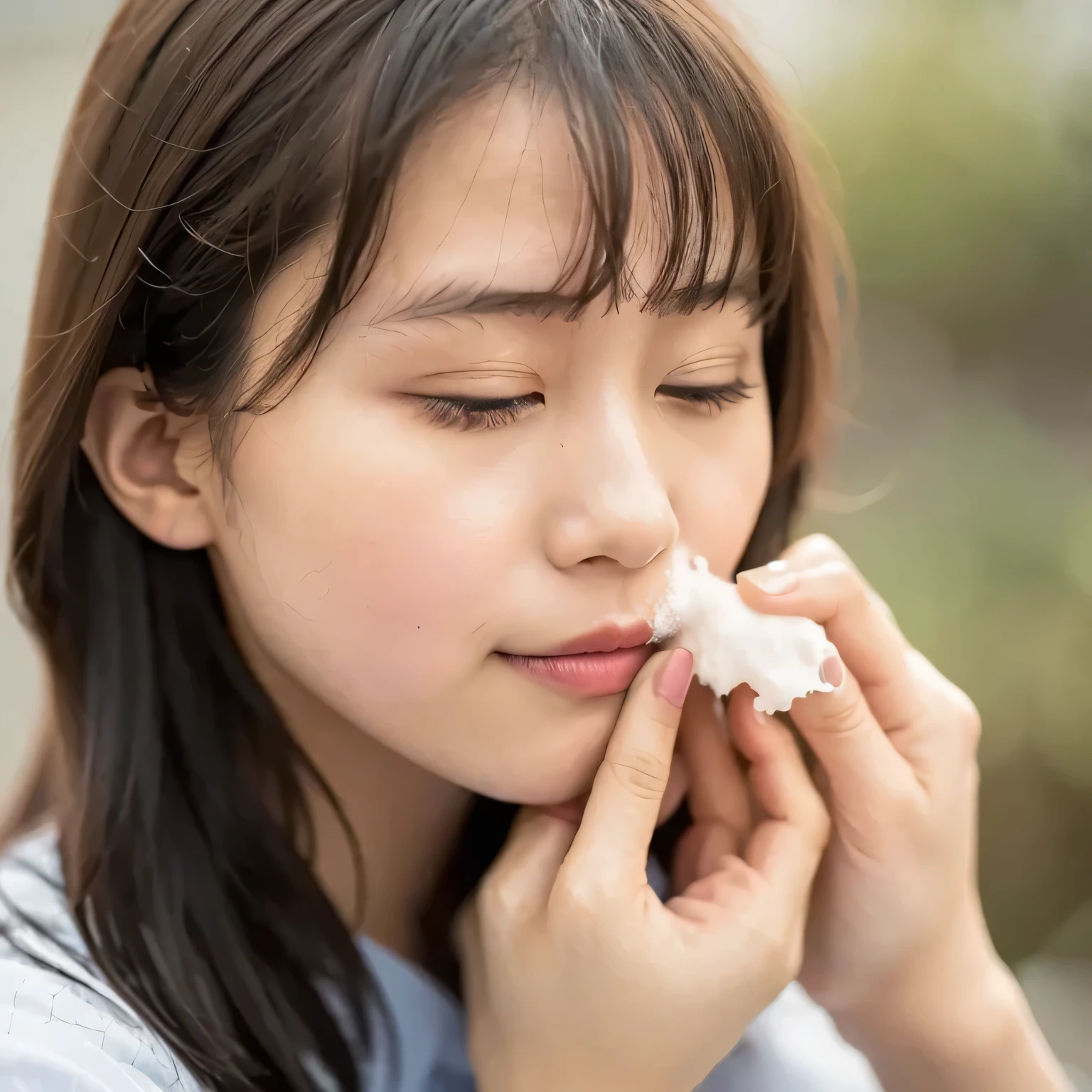 . Her cheeks are covered in a greyish-white mucus. A young woman, blushing slightly, both eyes closed, after being splashed in the face with A pale grayish-white, slightly sticky and viscous liquid, with a cloudy texture. Face slightly tilted up. . long hair, dark hair, dark eyes.